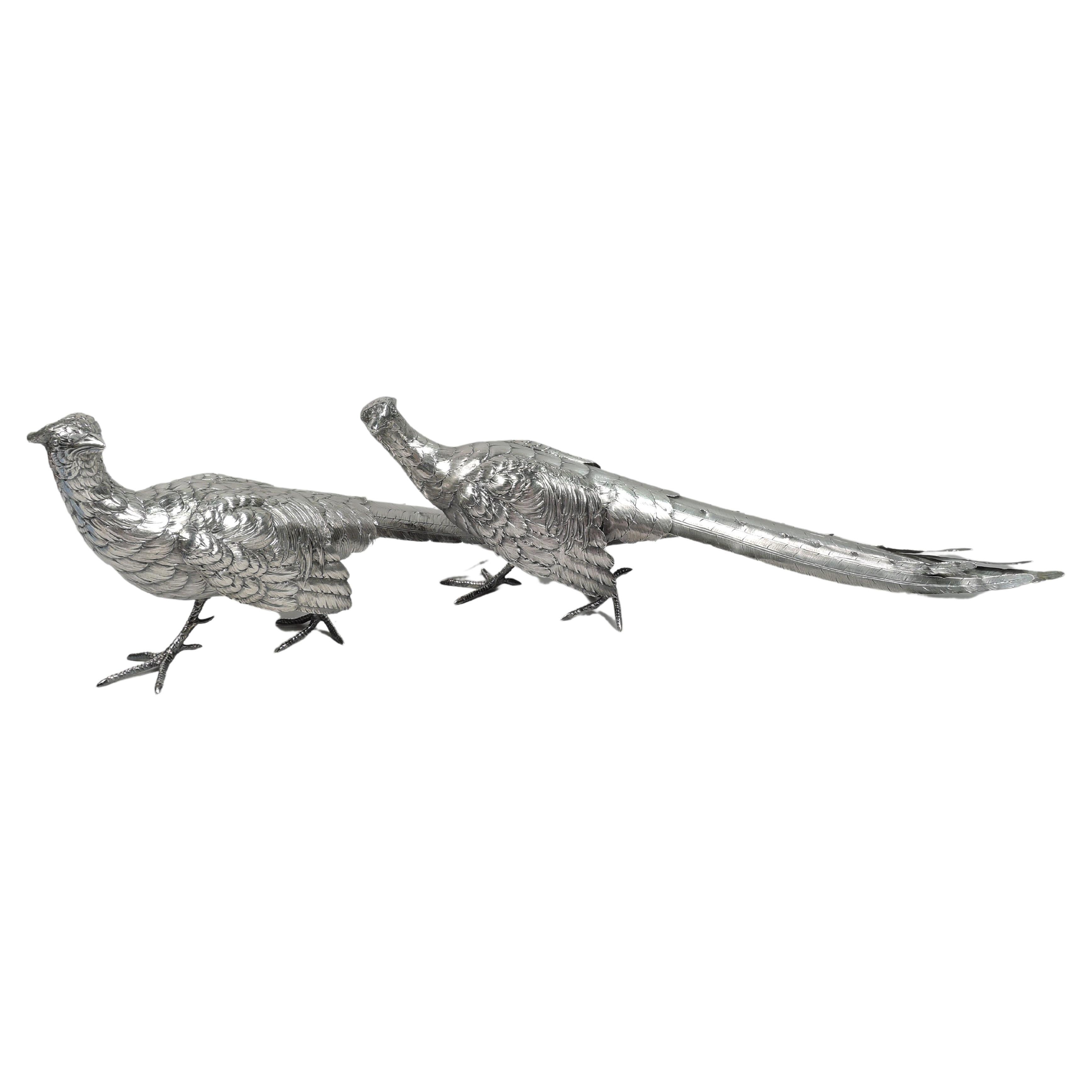 Pair of Antique German Silver Centerpiece Game Bird Pheasants