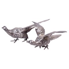 Pair of Antique German Silver Centerpiece Pheasants Game Birds