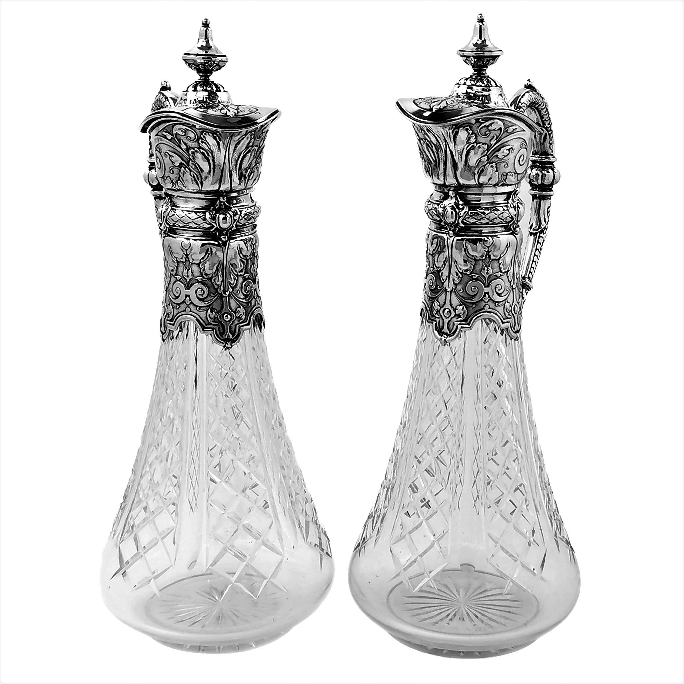 European Pair of Antique German Silver and Cut Glass Claret Jugs Wine Decanters c 1890