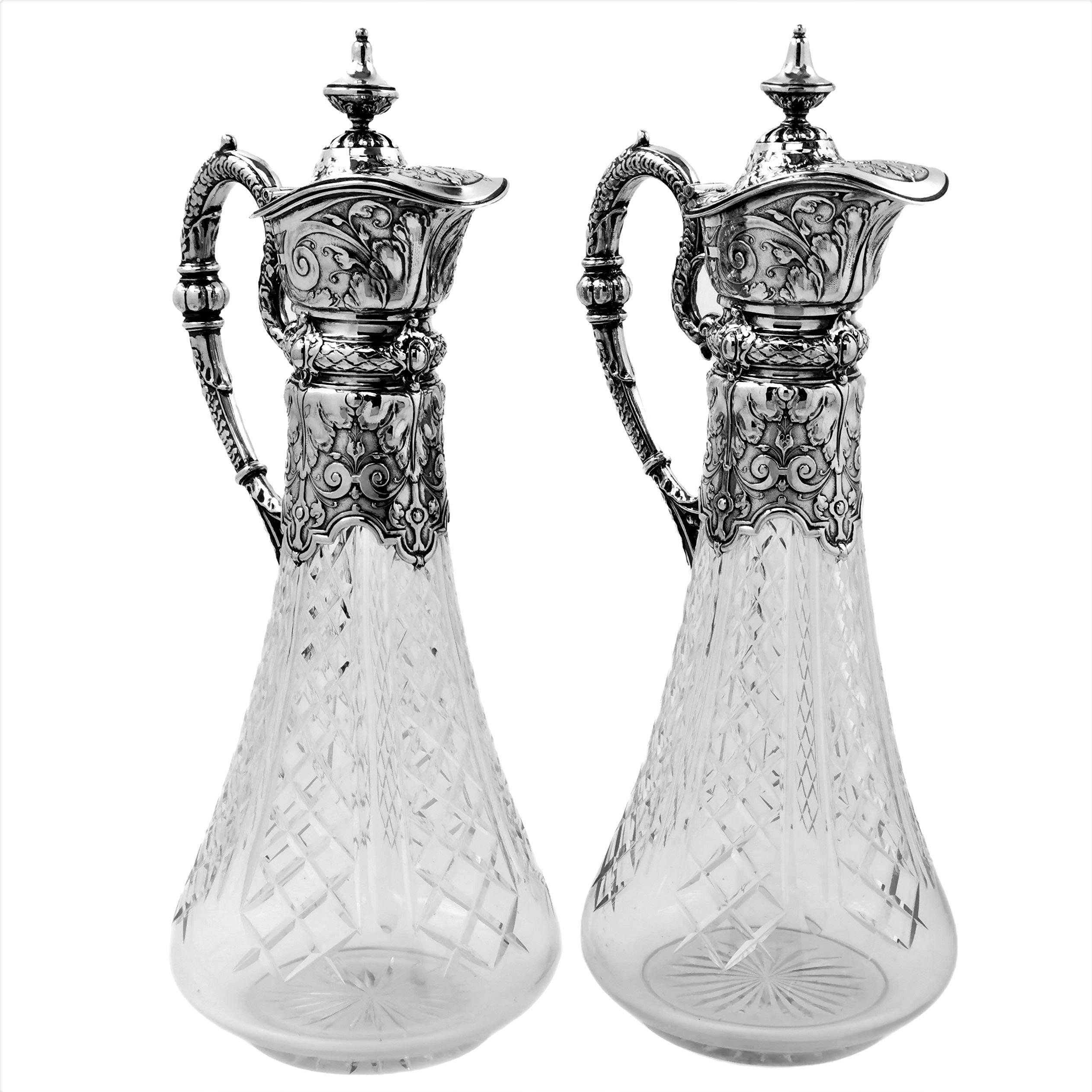 Pair of Antique German Silver and Cut Glass Claret Jugs Wine Decanters c 1890 In Good Condition In London, GB