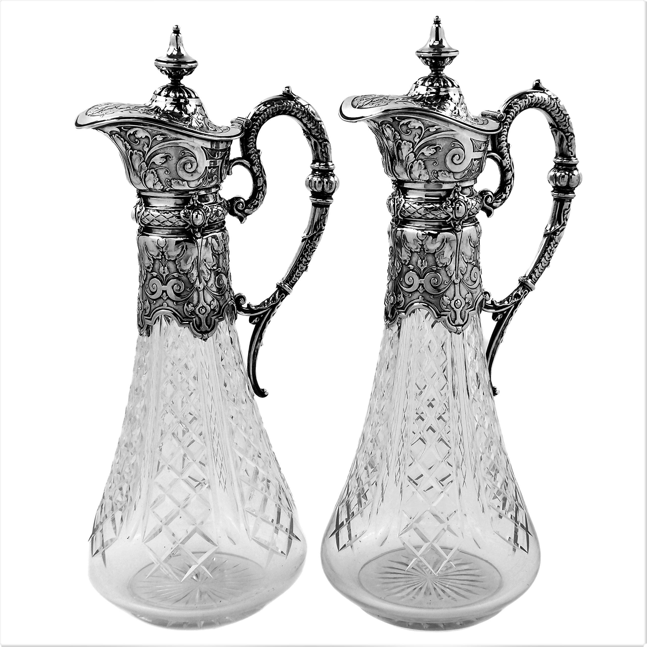 19th Century Pair of Antique German Silver and Cut Glass Claret Jugs Wine Decanters c 1890