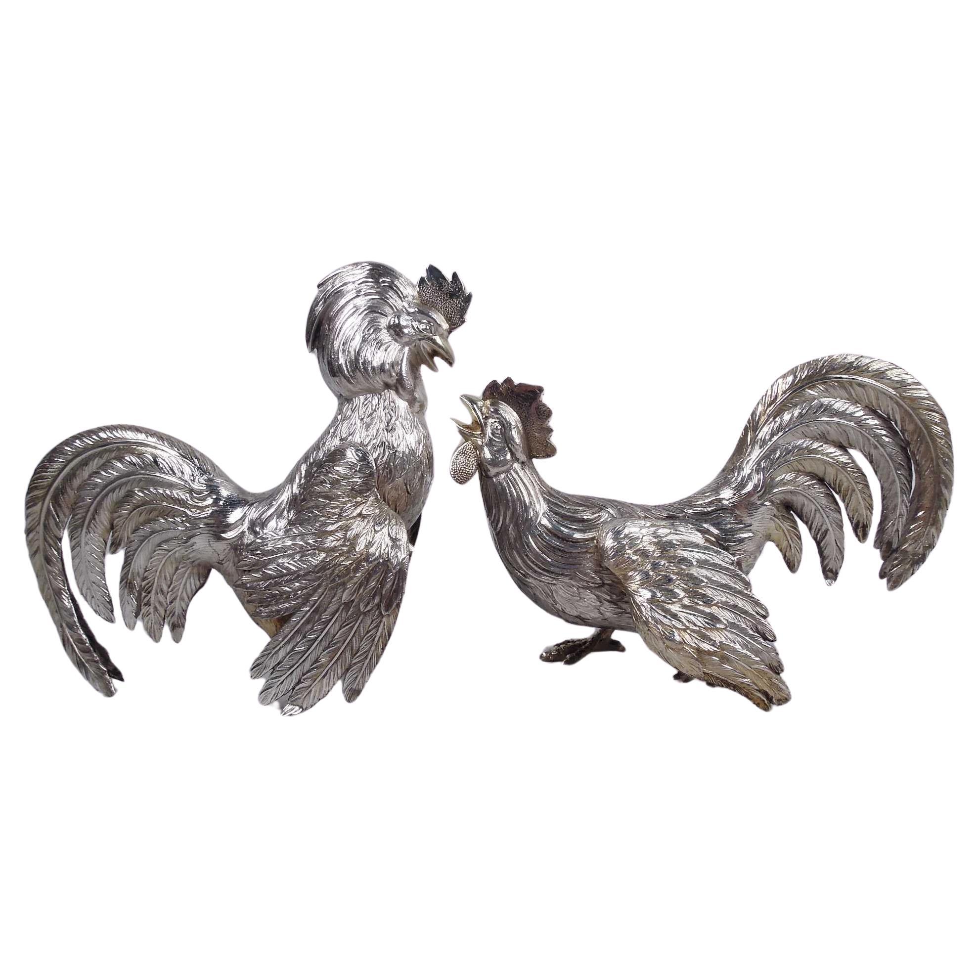 Pair of Antique German Silver Flamboyant Flouncy Fowl For Sale