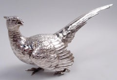 Pair of Antique German Silver Pheasants Game Birds Table Ornaments