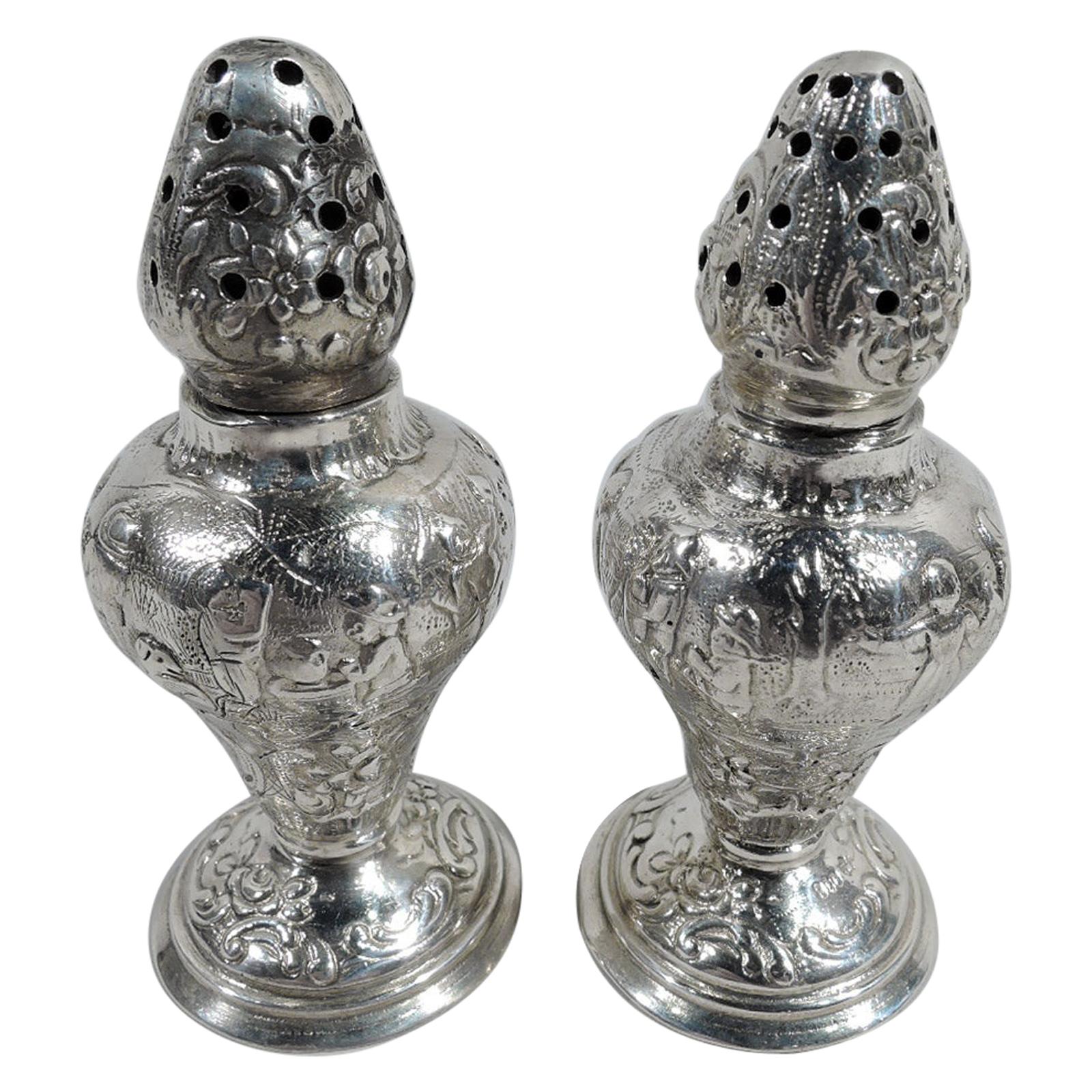 Pair of Antique German Silver Rustic Revels Salt & Pepper Shakers