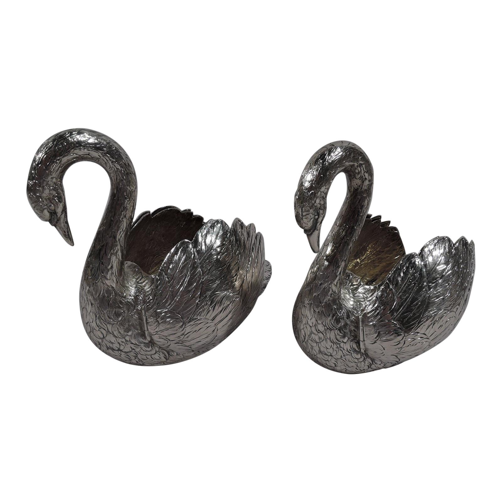 Pair of Antique German Silver Swan Bowls