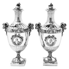 Pair of Antique German Silver Vases / Lidded Urns circa 1880 Hanau, Germany