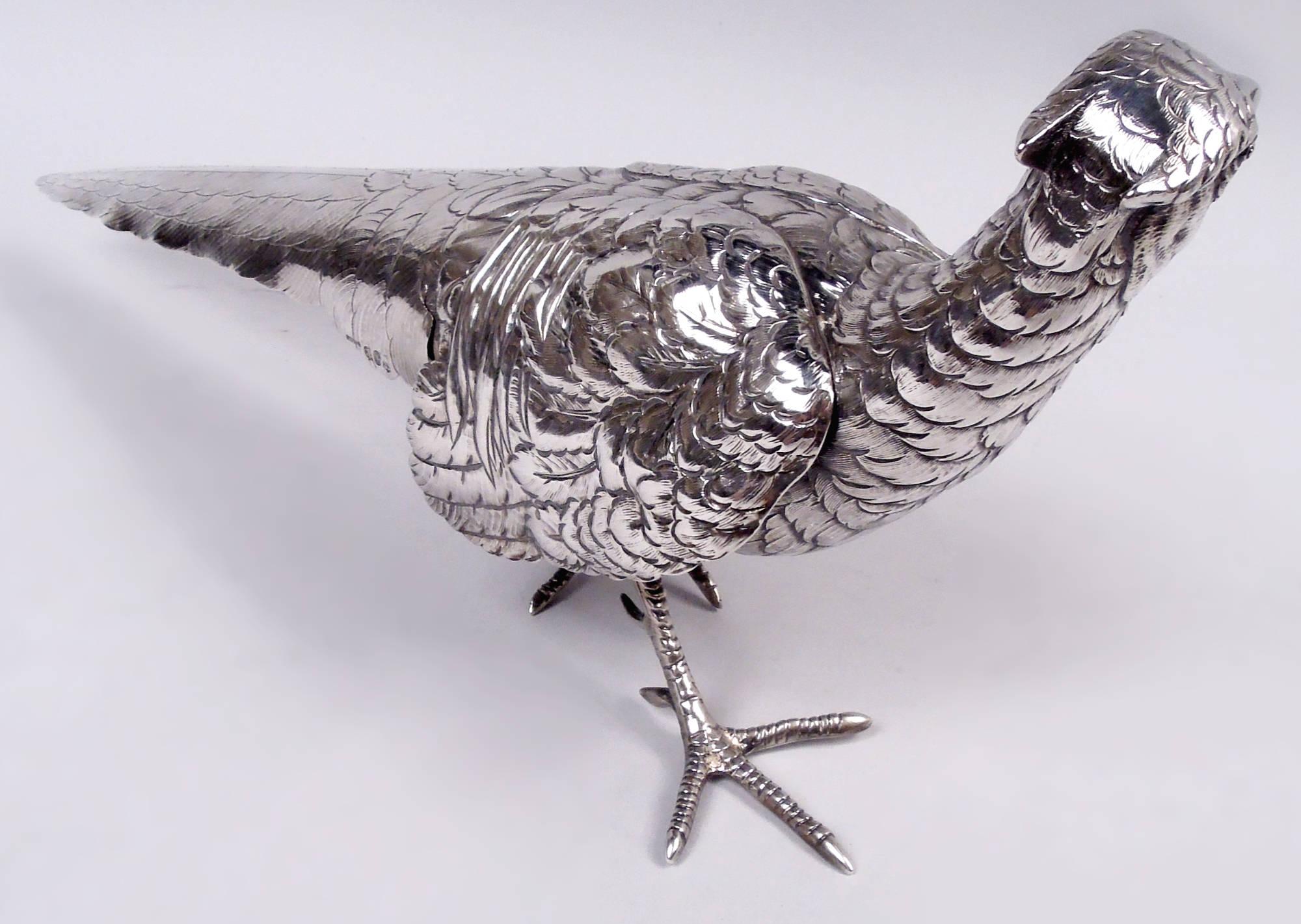 Édouardien Paire de faisans allemands anciens en argent sterling en vente