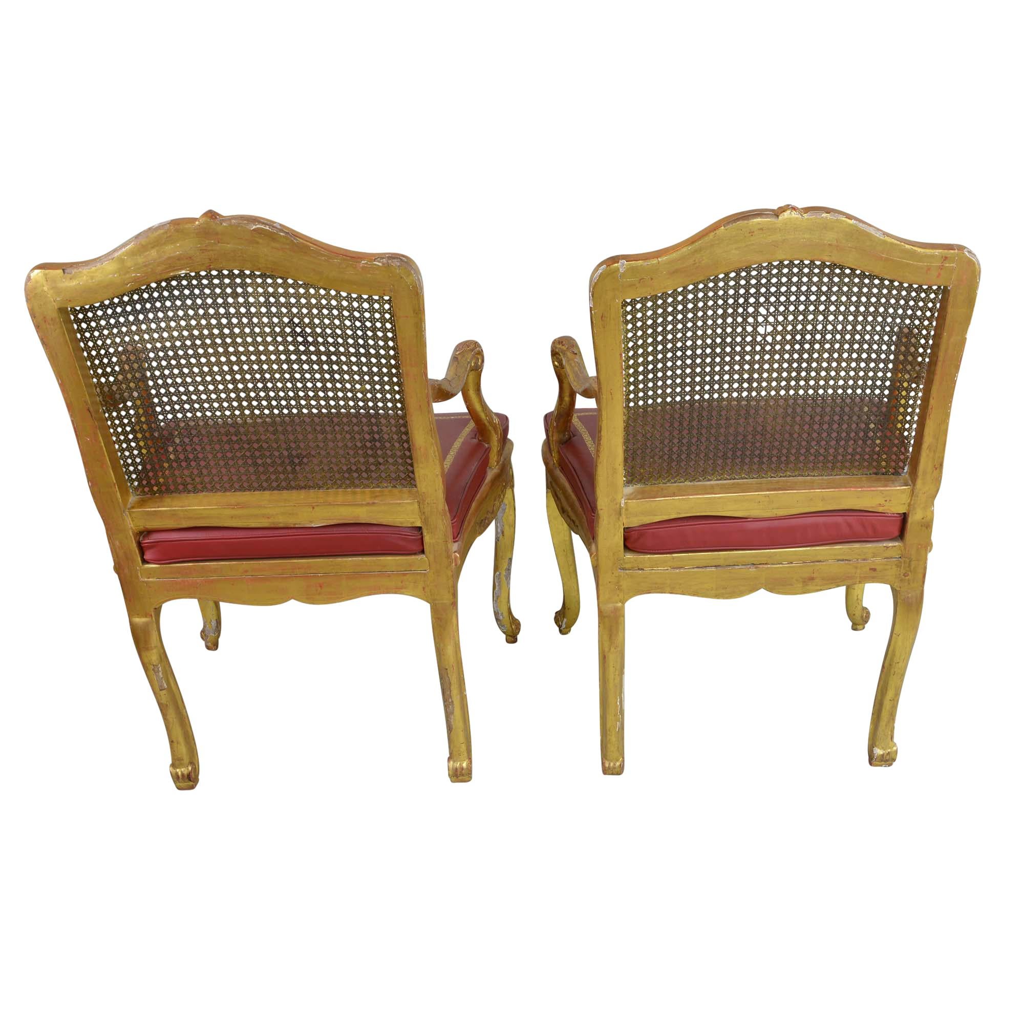 European Pair of Antique Gilded Wood Regency Chairs with Red Leather Cushions For Sale
