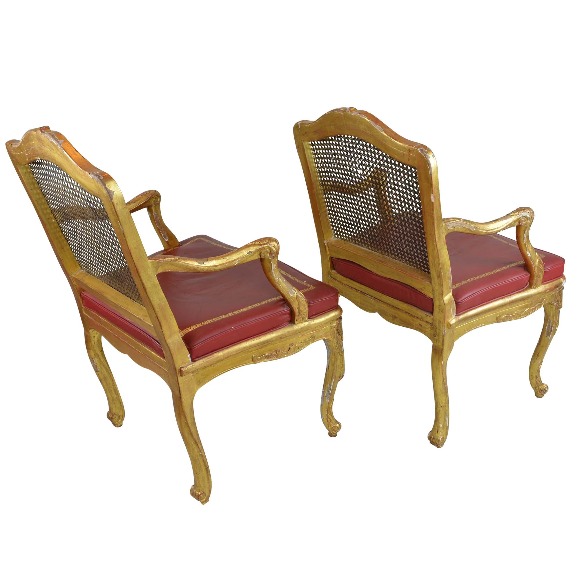 Embossed Pair of Antique Gilded Wood Regency Chairs with Red Leather Cushions For Sale