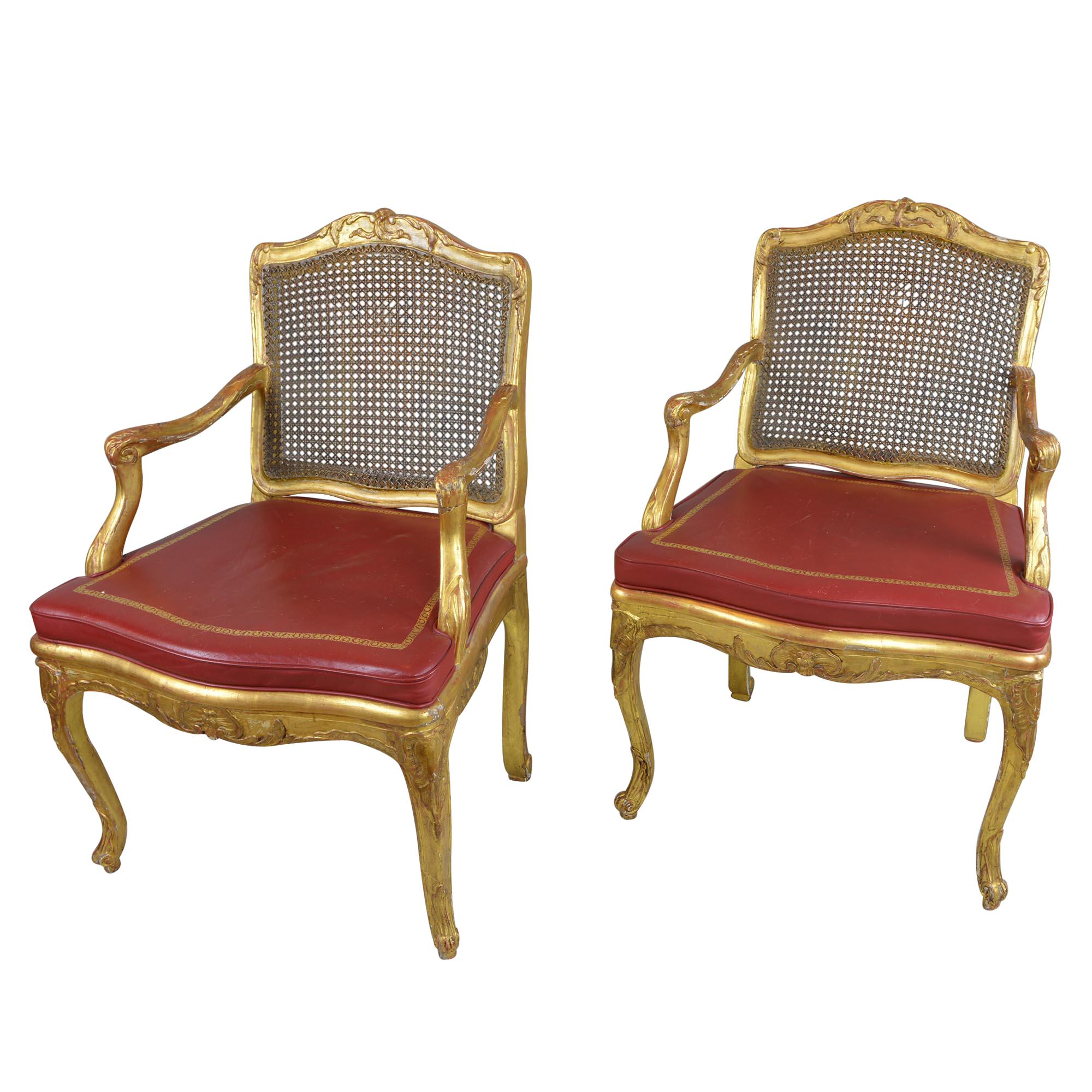Pair of Antique Gilded Wood Regency Chairs with Red Leather Cushions For Sale 2