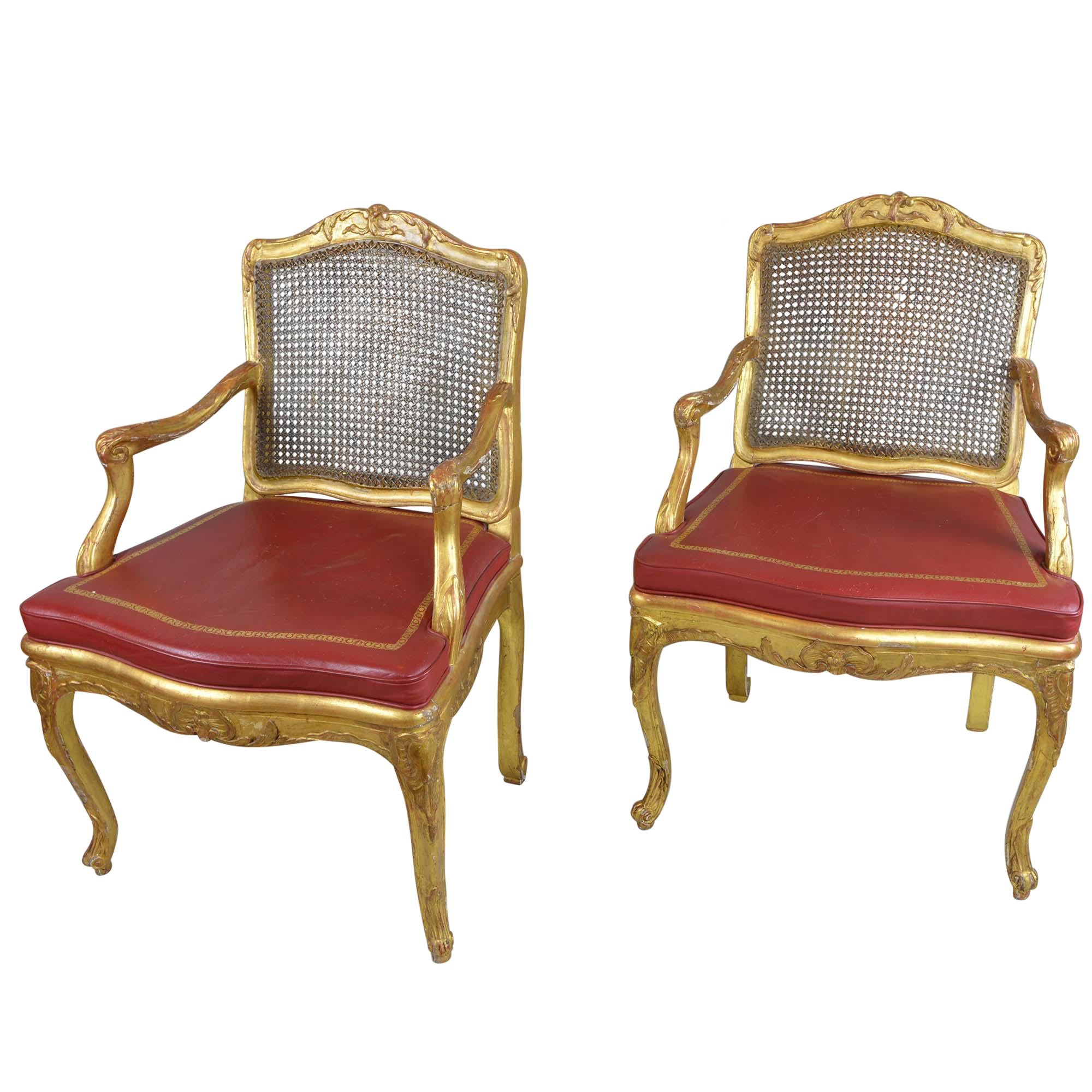 Pair of Antique Gilded Wood Regency Chairs with Red Leather Cushions For Sale