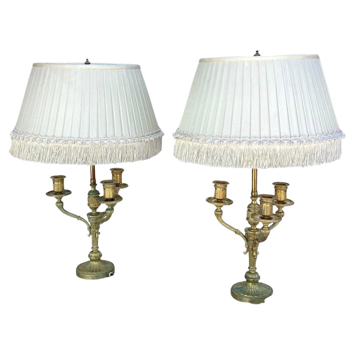 Paire de chandeliers Bouillotte anciens en bronze doré