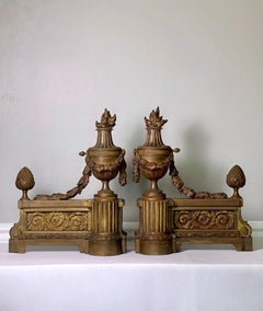 Pair of French Gilt Bronze Chenets, Patinated, Louis XVI Style, 19th Century