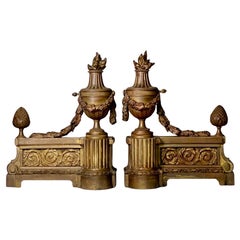 Pair of French Gilt Bronze Chenets, Patinated, Louis XVI Style, 19th Century