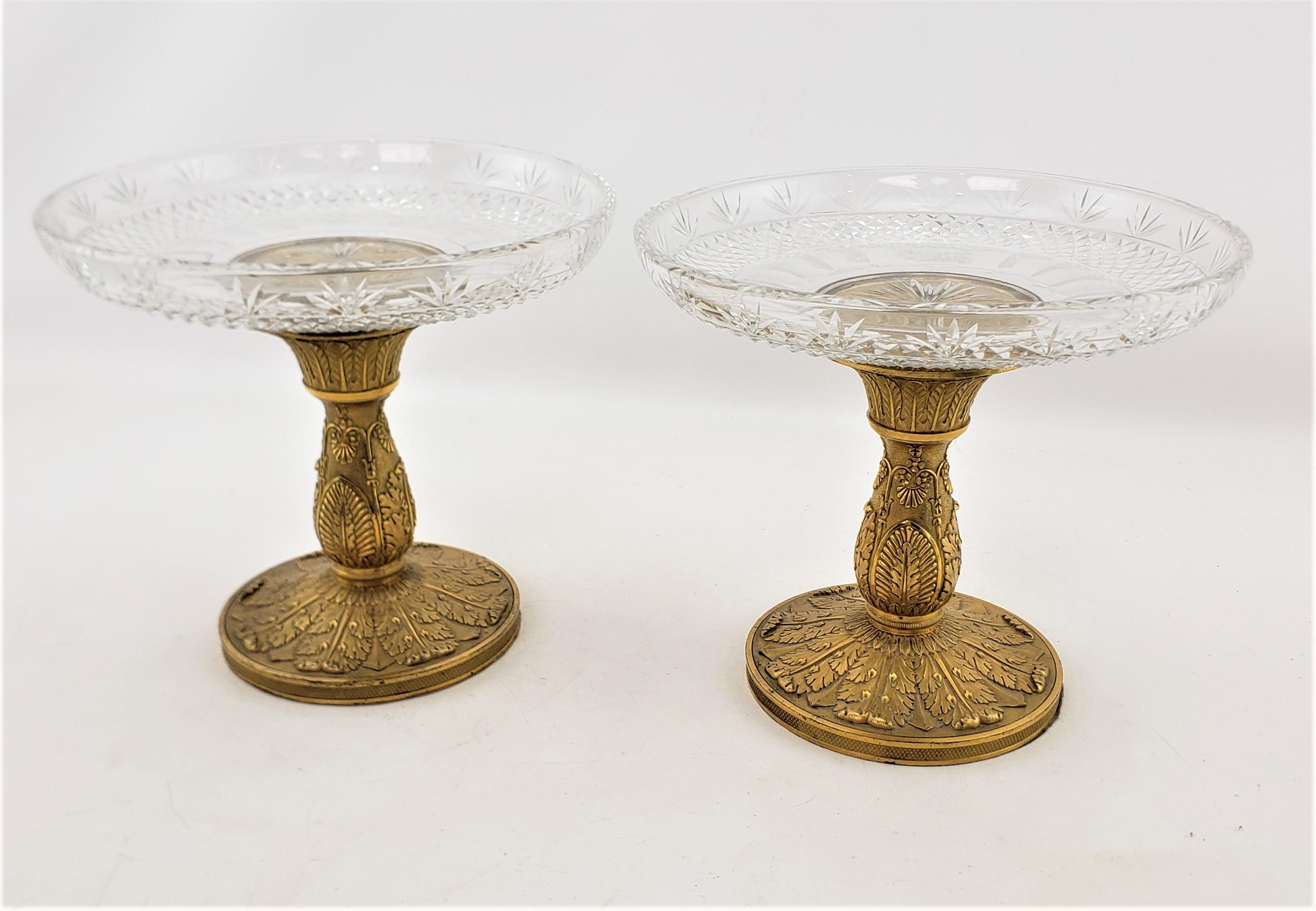 Cast Pair of Antique Gilt Bronze & Crystal Tazzas or Pedestal Bowls For Sale