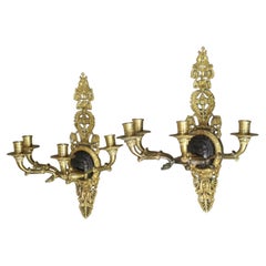 Pair of Antique Gilt Bronze Figural & Foliate Four-Candle Wall Sconces C1920