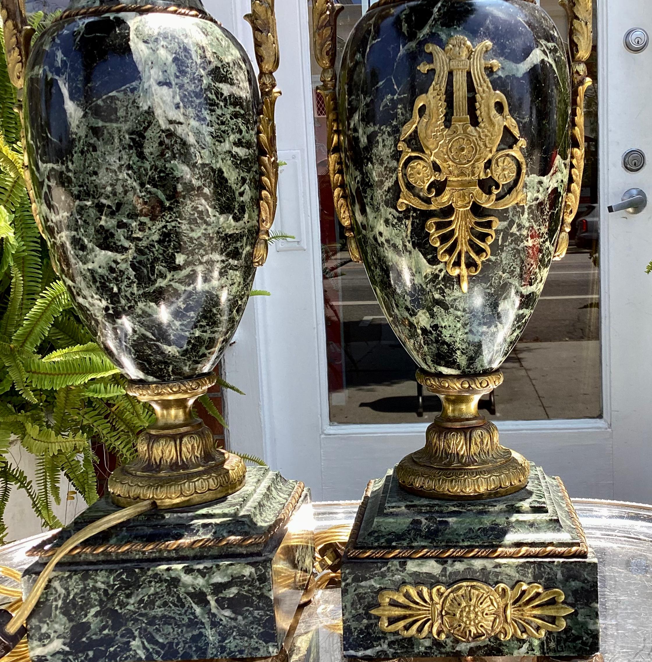 Pair of Antique Gilt Bronze & French Marble Urns Now Designer Lamps.