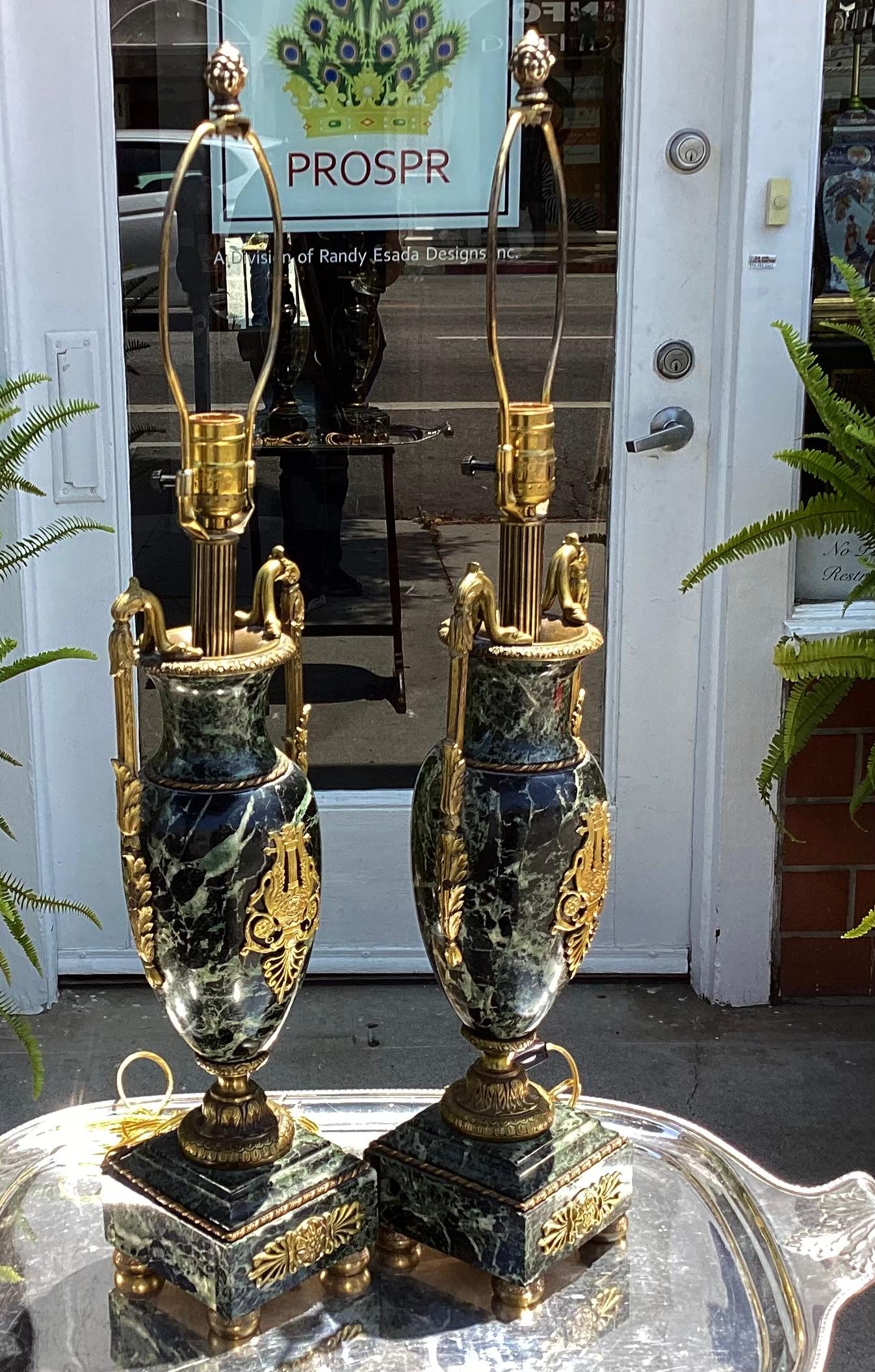 Louis XVI Pair of Antique Gilt Bronze & French Marble Urns Now Designer Lamps For Sale