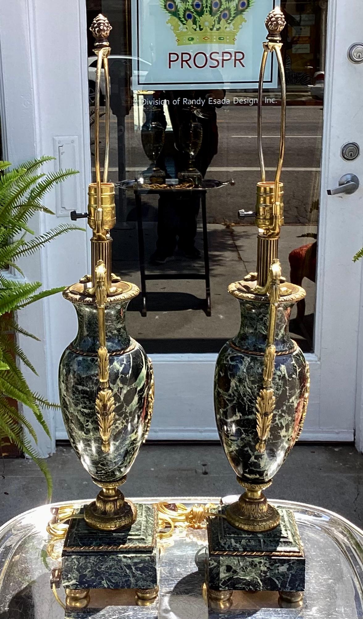 Pair of Antique Gilt Bronze & French Marble Urns Now Designer Lamps In Good Condition For Sale In LOS ANGELES, CA