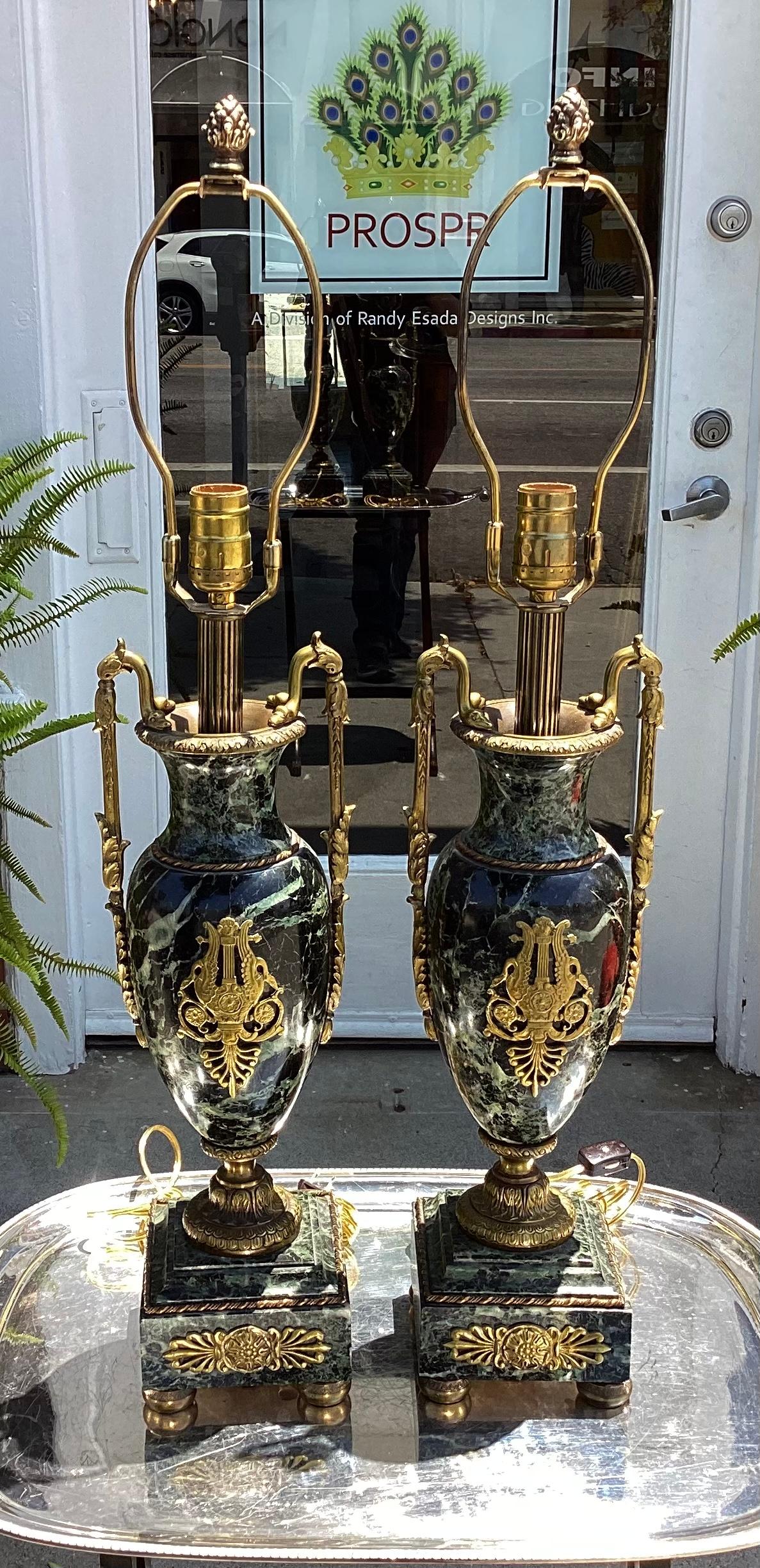 19th Century Pair of Antique Gilt Bronze & French Marble Urns Now Designer Lamps For Sale