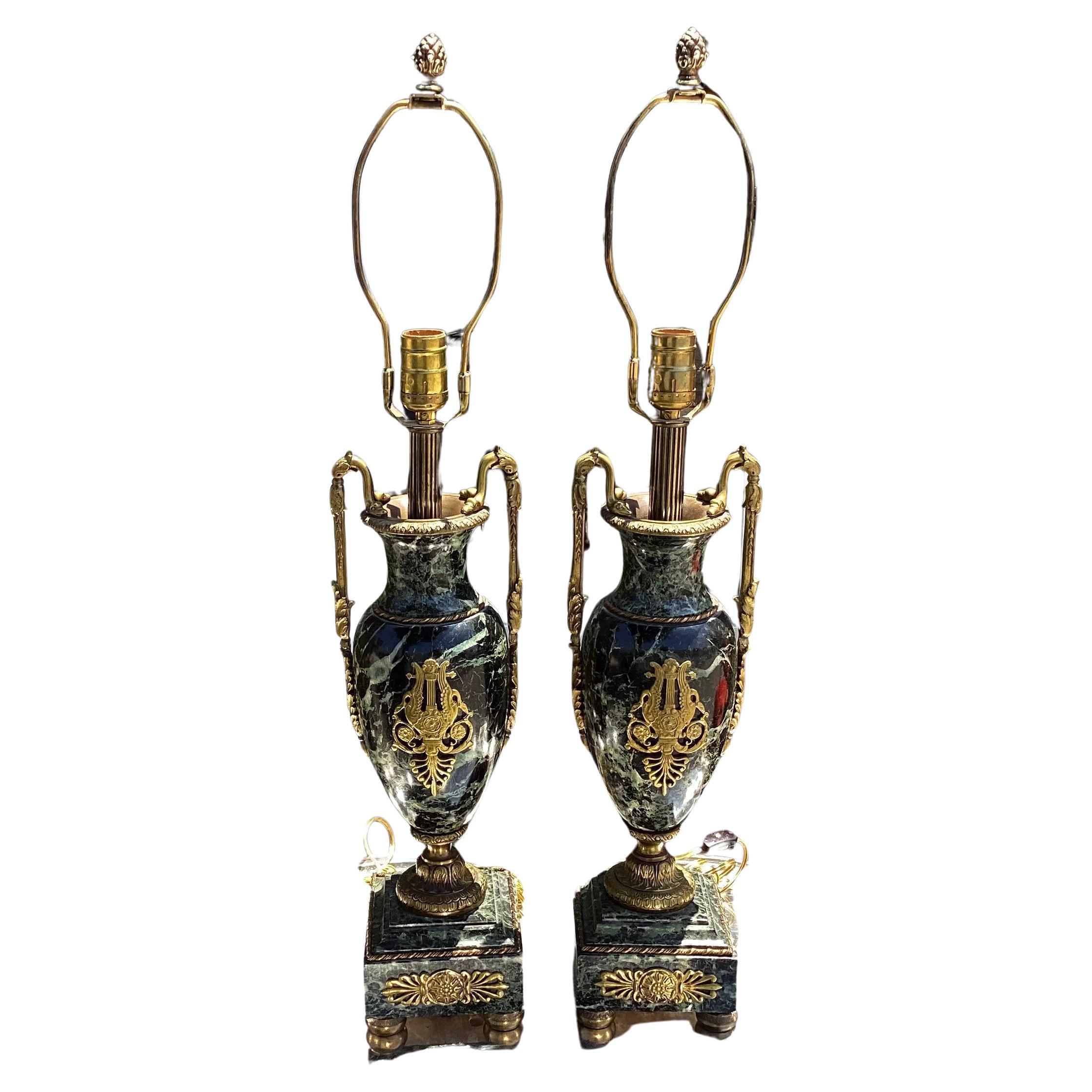 Pair of Antique Gilt Bronze & French Marble Urns Now Designer Lamps
