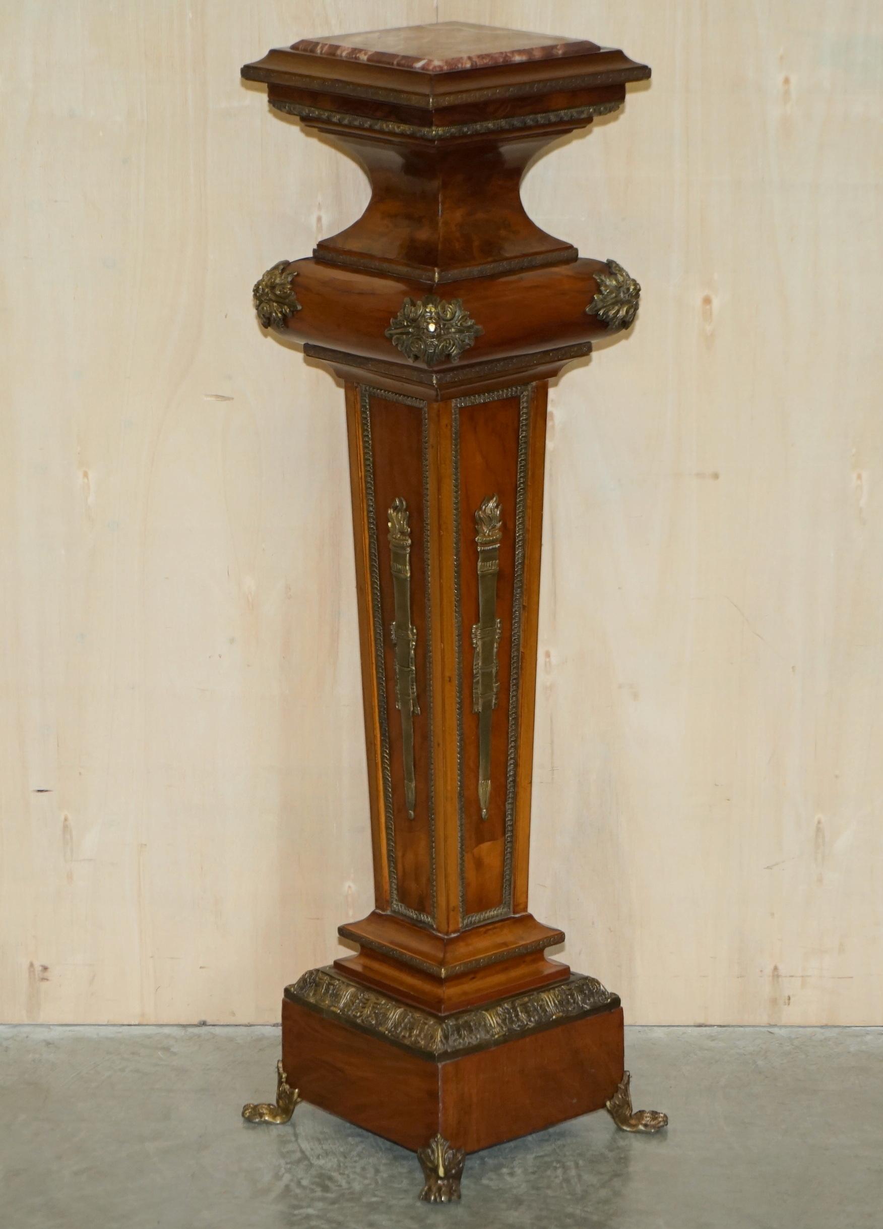 Pair of Antique Gilt Bronze Mounted Burr Walnut Marble Topped Pedestal Stands For Sale 12