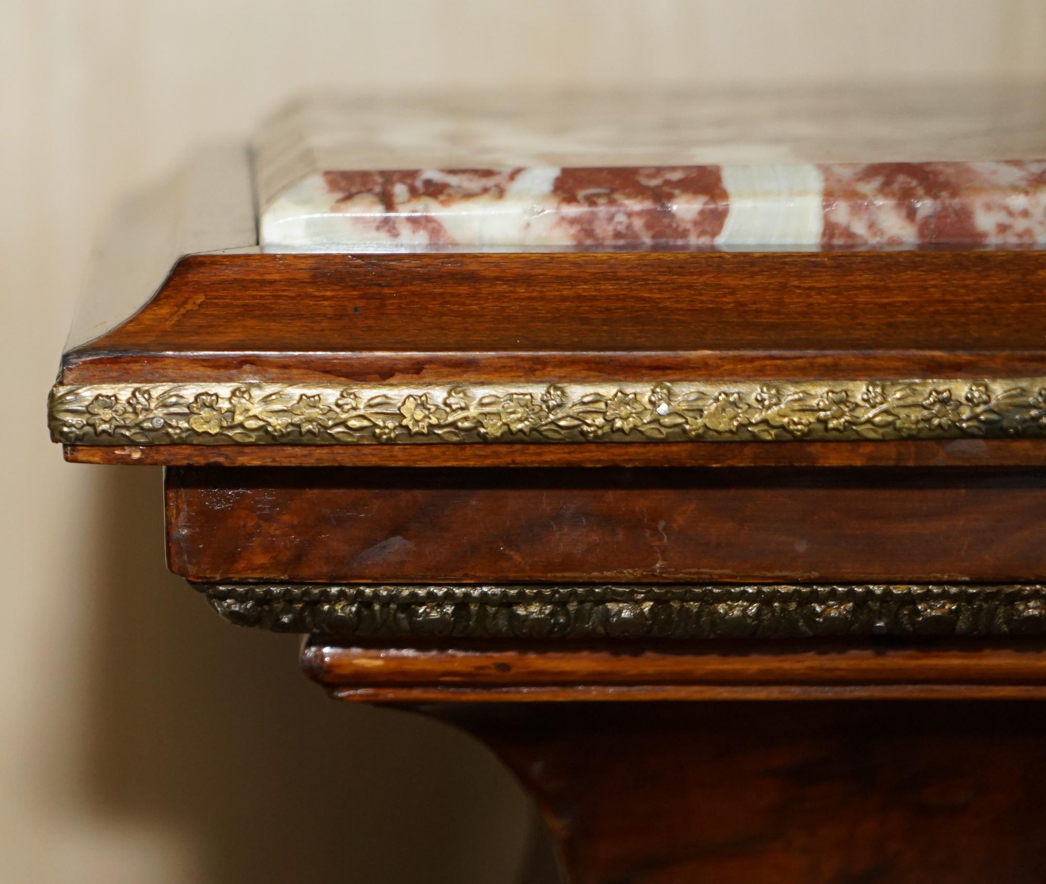 English Pair of Antique Gilt Bronze Mounted Burr Walnut Marble Topped Pedestal Stands For Sale