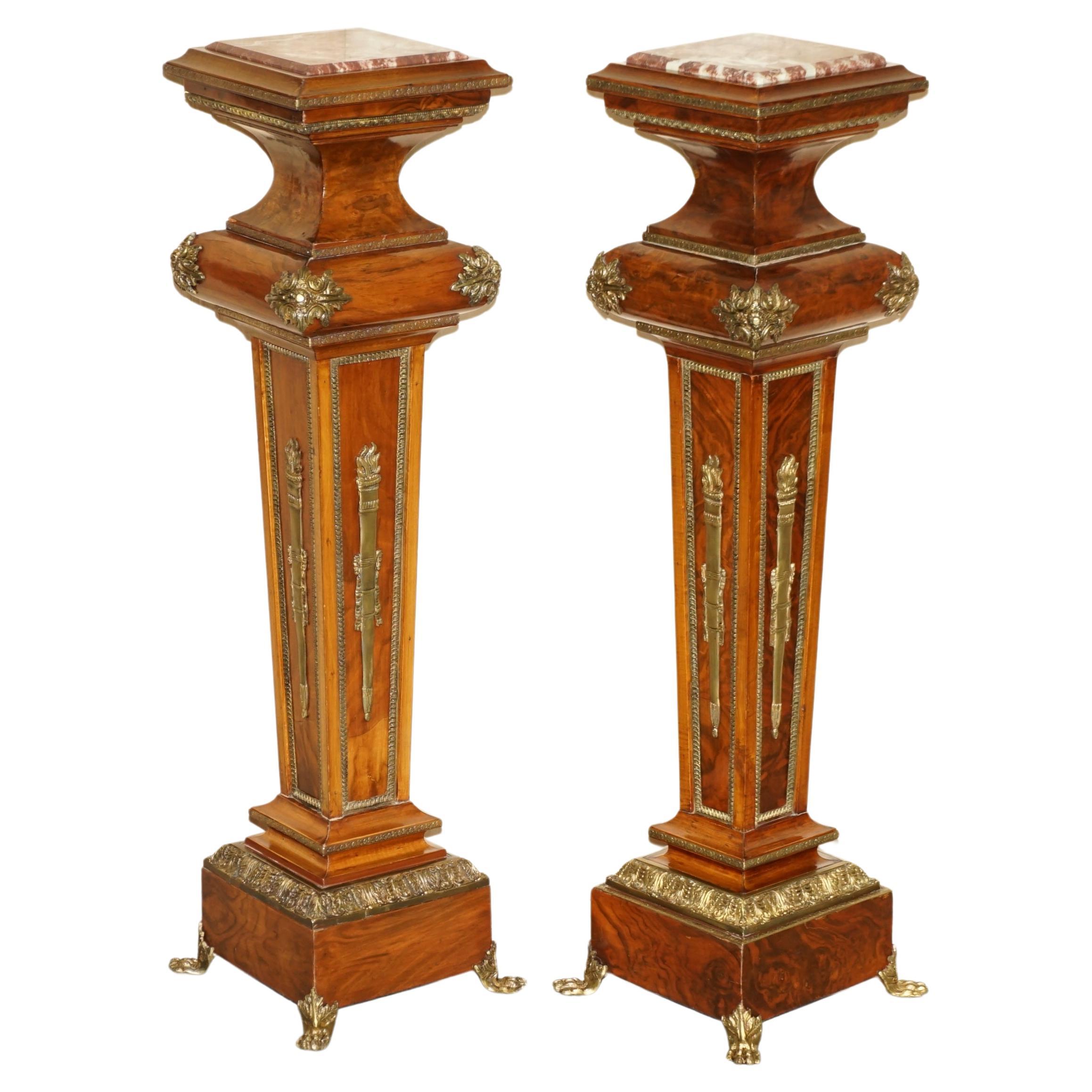 Pair of Antique Gilt Bronze Mounted Burr Walnut Marble Topped Pedestal Stands For Sale