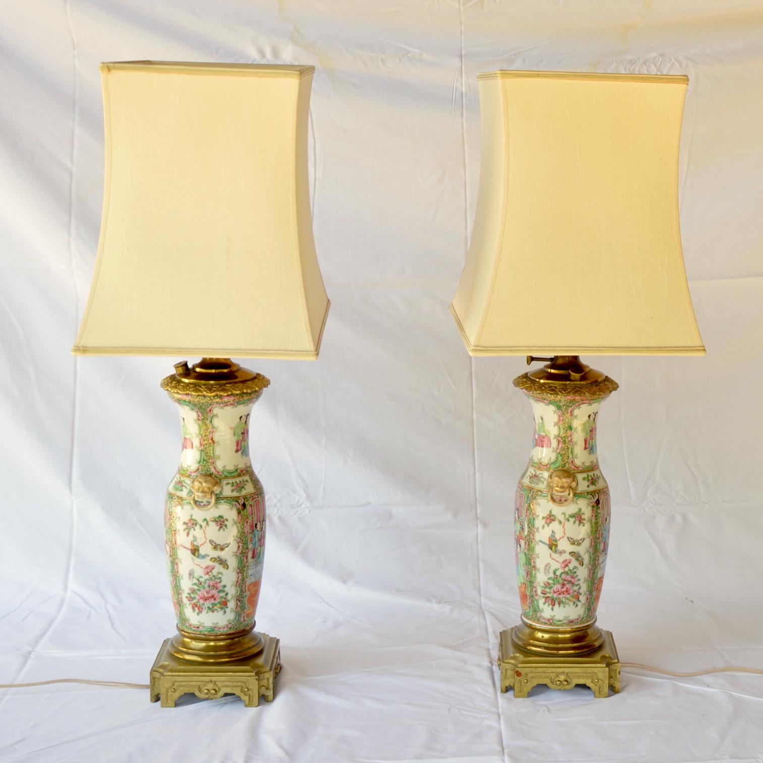 Enamel Pair of Antique Gilt Bronze Mounted Chinese Canton Porcelain Lamps, 19th Century