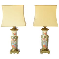 Pair of Antique Gilt Bronze Mounted Chinese Canton Porcelain Lamps, 19th Century