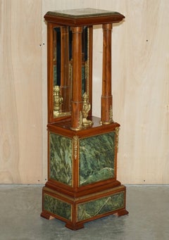 Pair of Antique Gilt Bronze Mounted Walnut Green Marble Topped Pedestal Stands