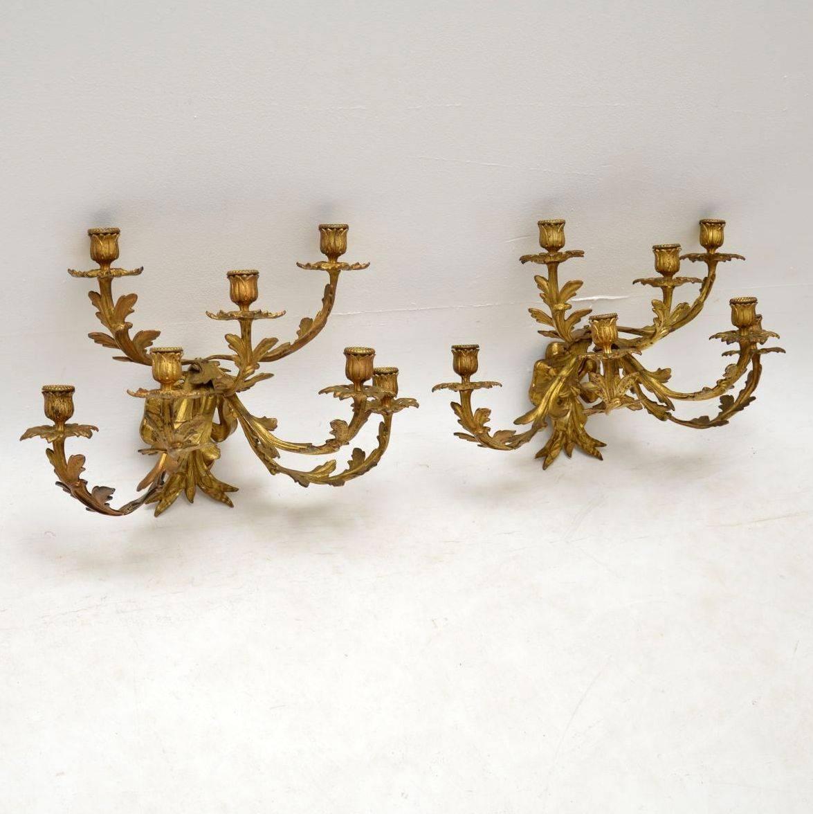 Measures: Large pair of antique French gilt bronze seven branch wall sconces in wonderful original condition with all the candle holders in place. It’s nice to find examples of these that haven’t been drilled and turned into lights. The castings and