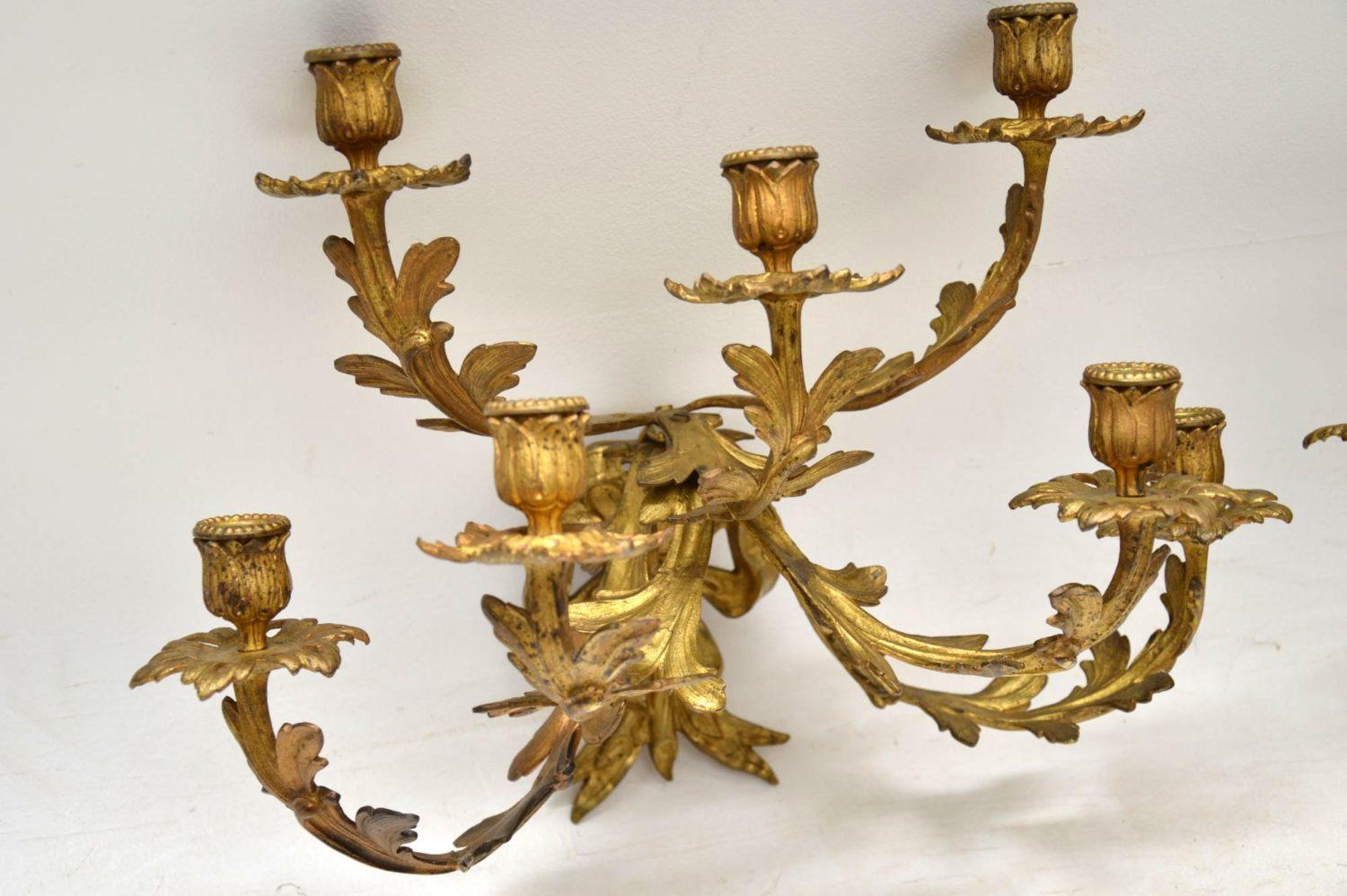 Louis XIV Pair of Antique Gilt Bronze Wall Sconce Candelabra