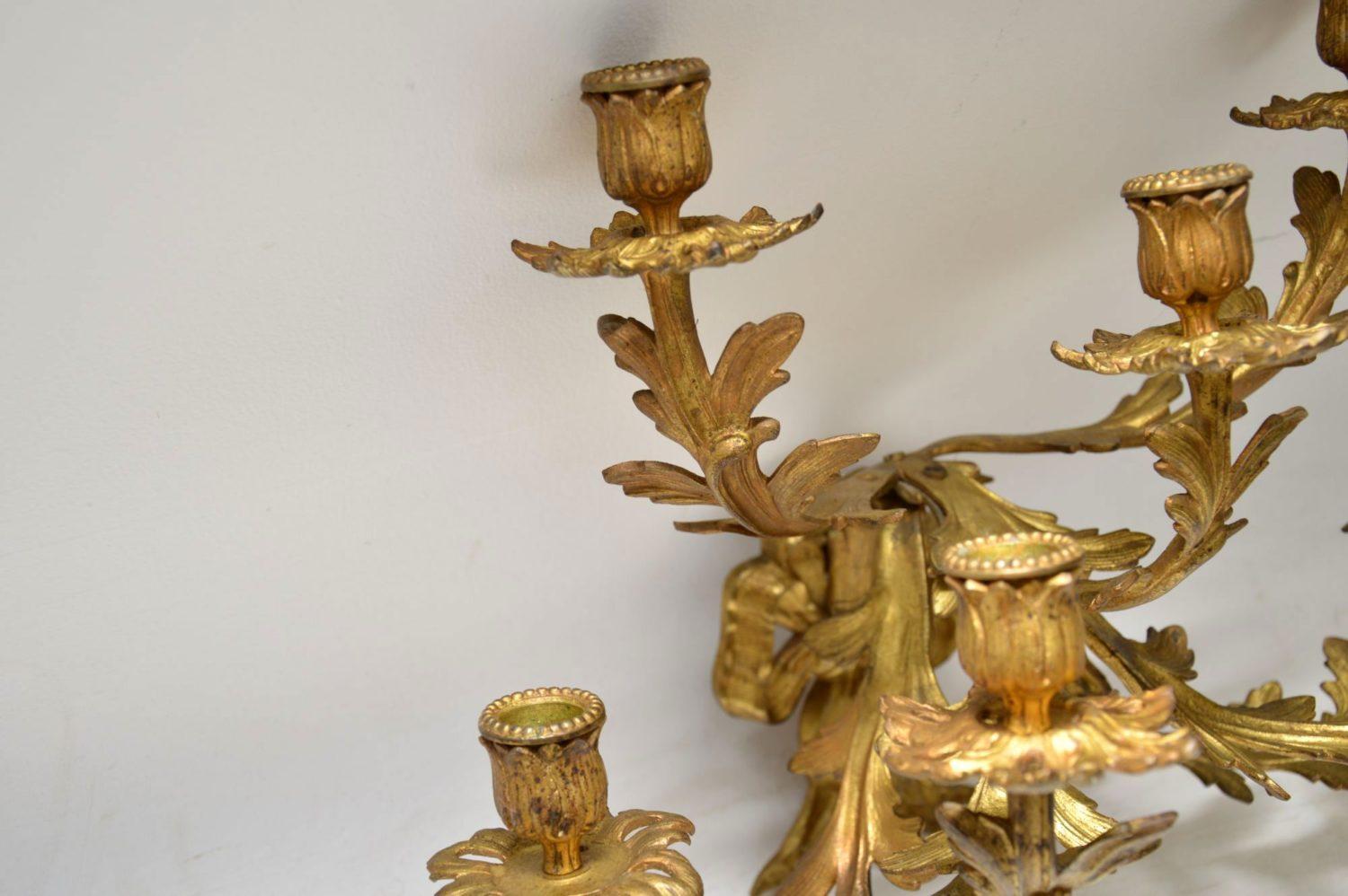 19th Century Pair of Antique Gilt Bronze Wall Sconce Candelabra