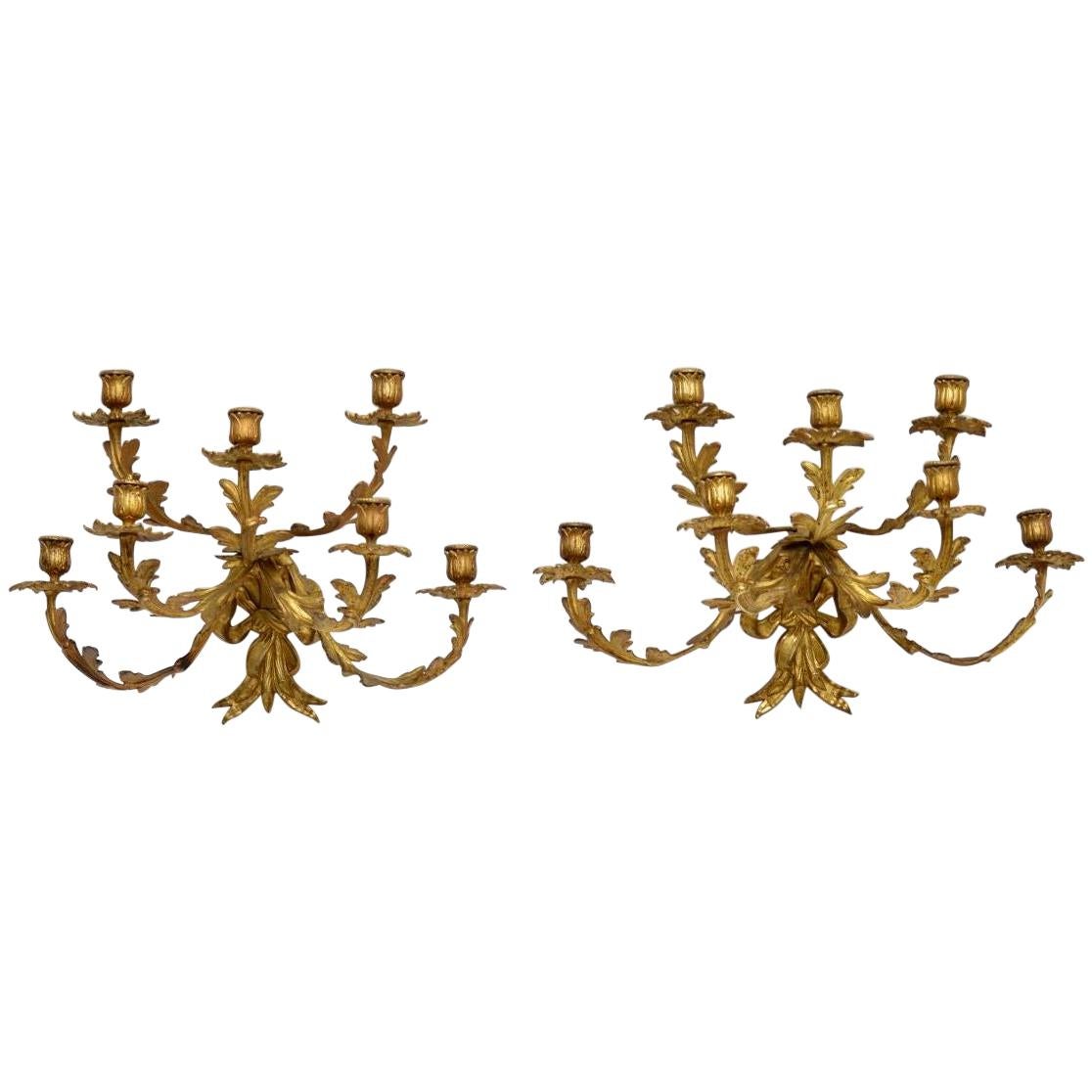 Pair of Antique Gilt Bronze Wall Sconce Candelabra