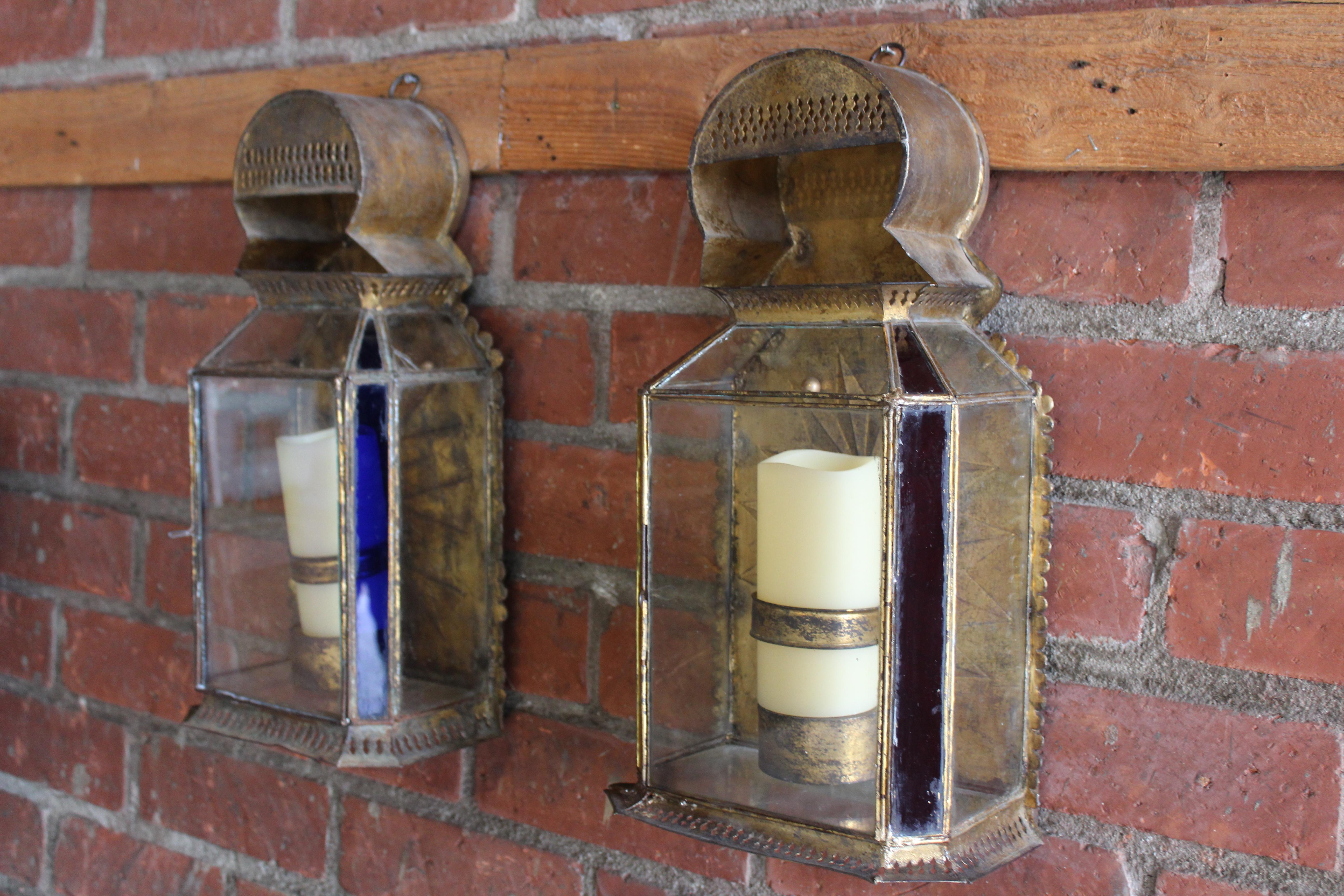 Pair of Antique Gilt Metal and Glass Moroccan Sconces For Sale 7