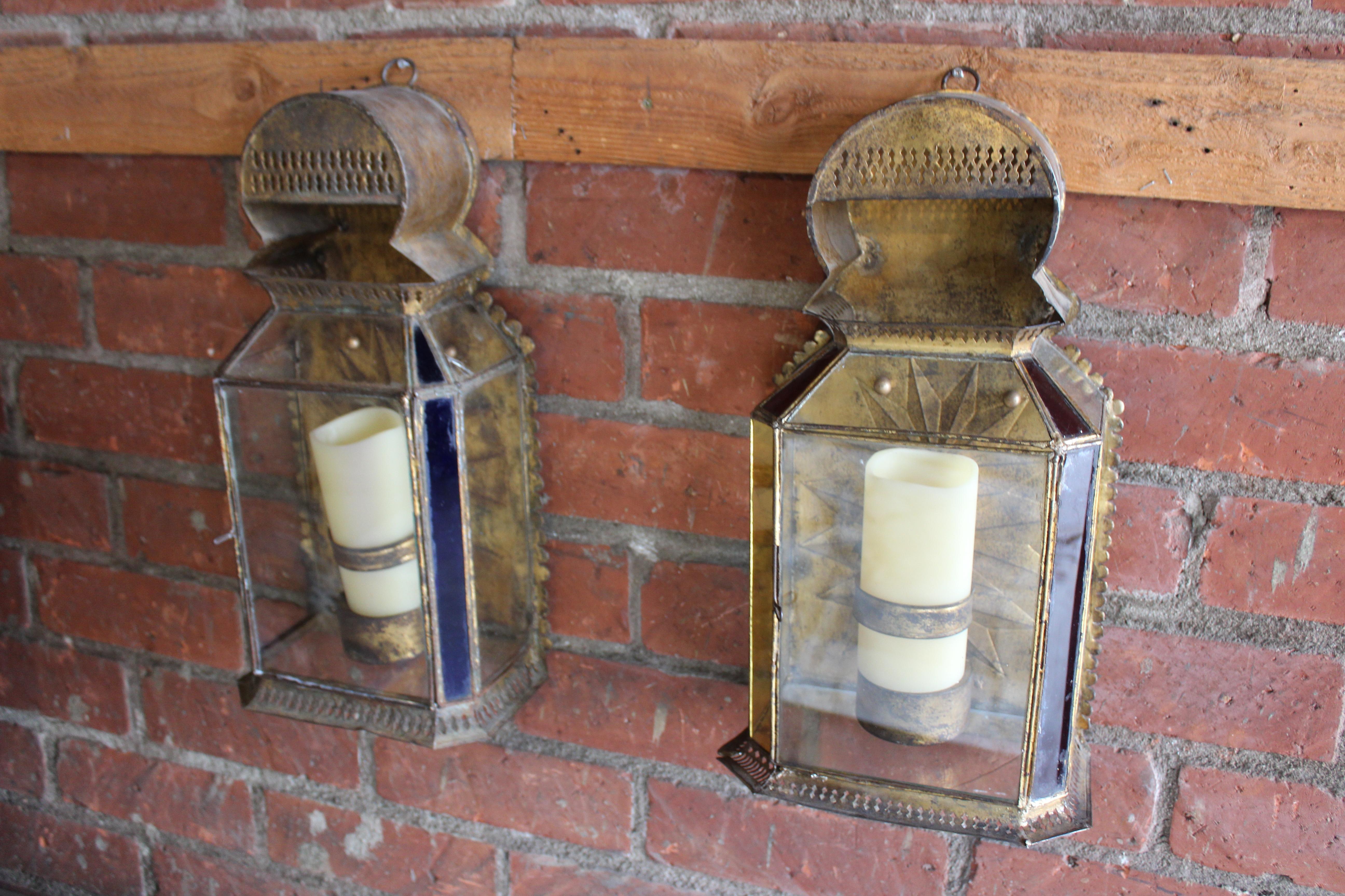 Pair of Antique Gilt Metal and Glass Moroccan Sconces For Sale 8