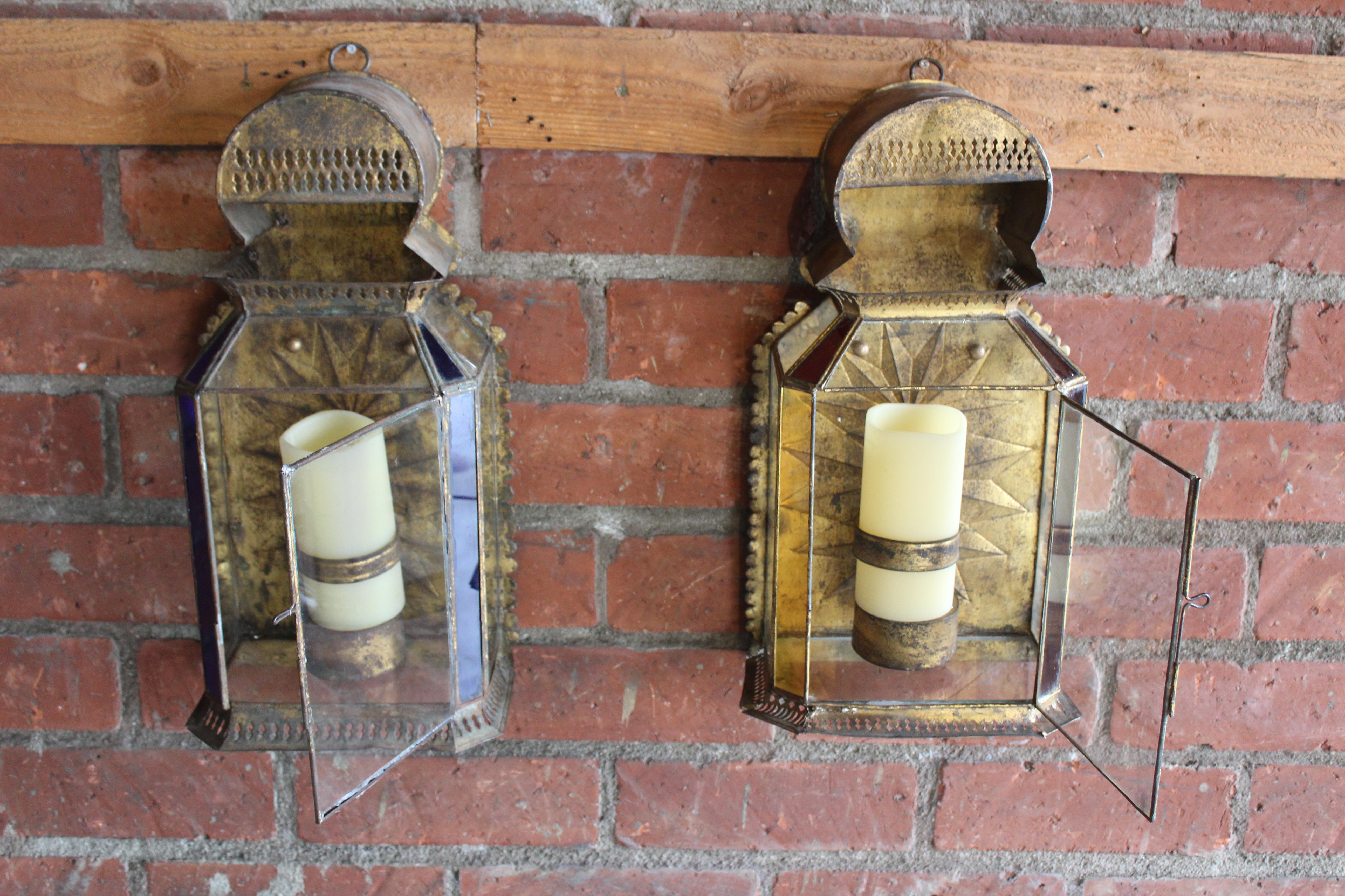 Pair of Antique Gilt Metal and Glass Moroccan Sconces For Sale 11
