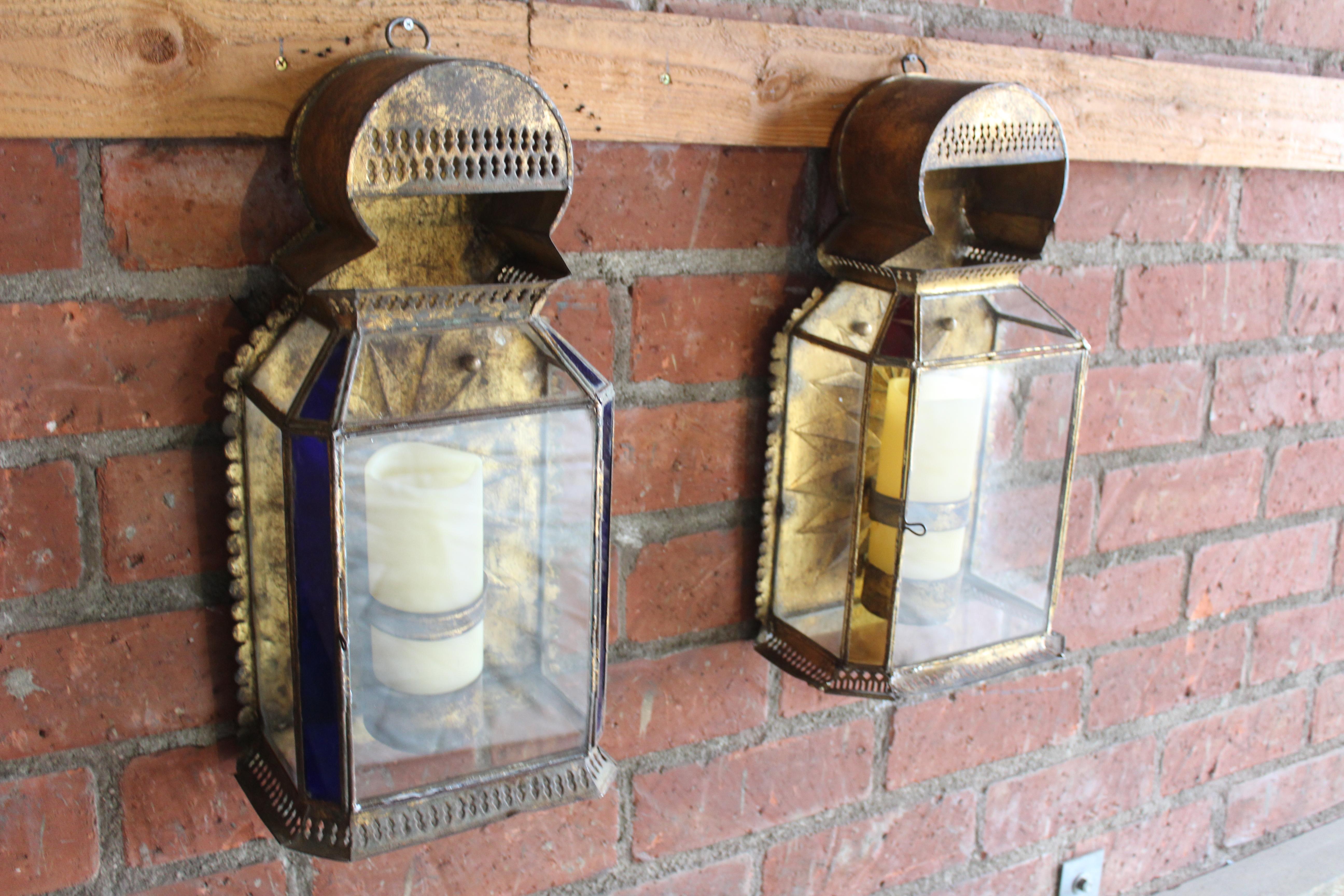 Moorish Pair of Antique Gilt Metal and Glass Moroccan Sconces For Sale