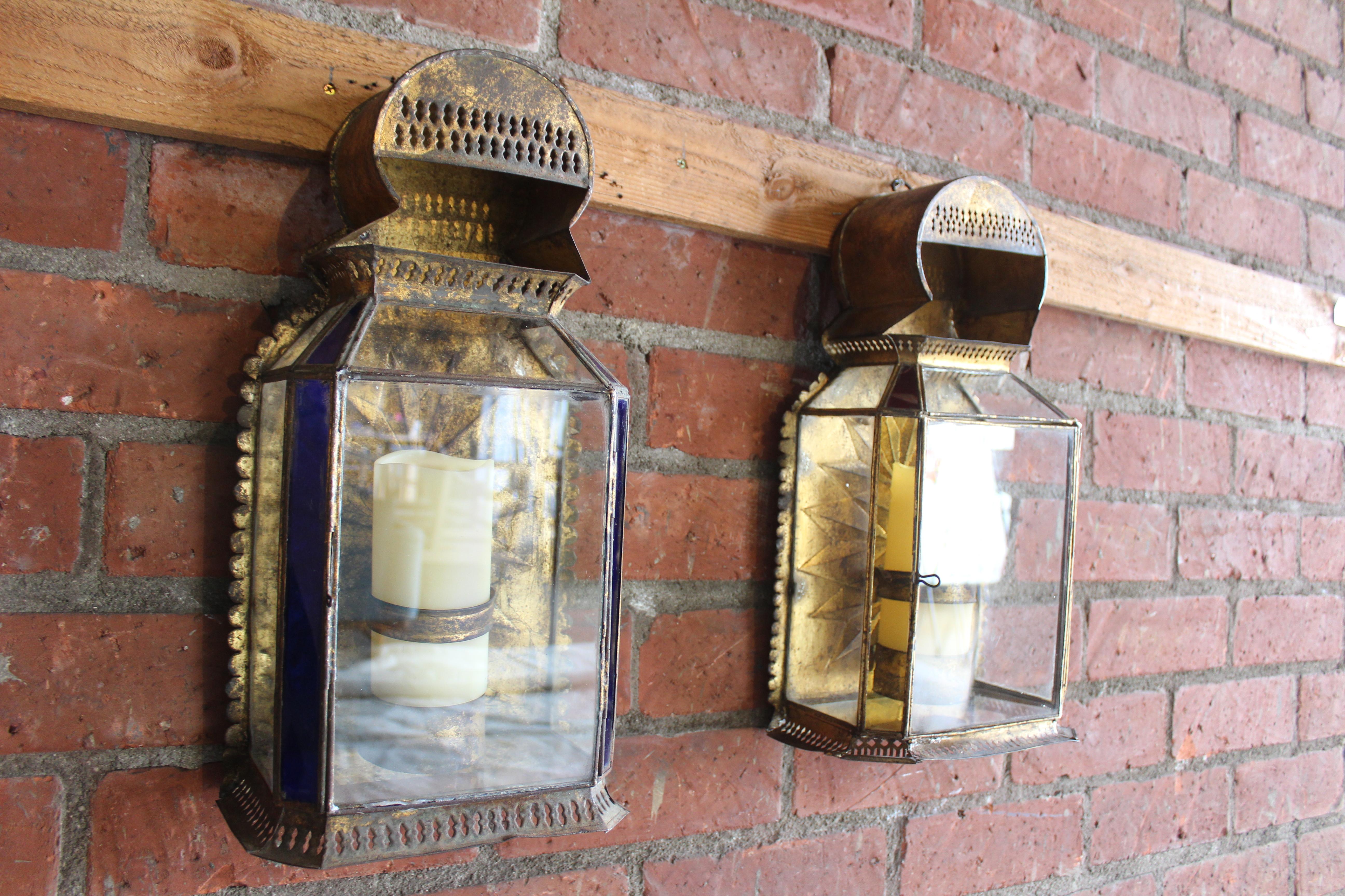 Pair of Antique Gilt Metal and Glass Moroccan Sconces For Sale 1