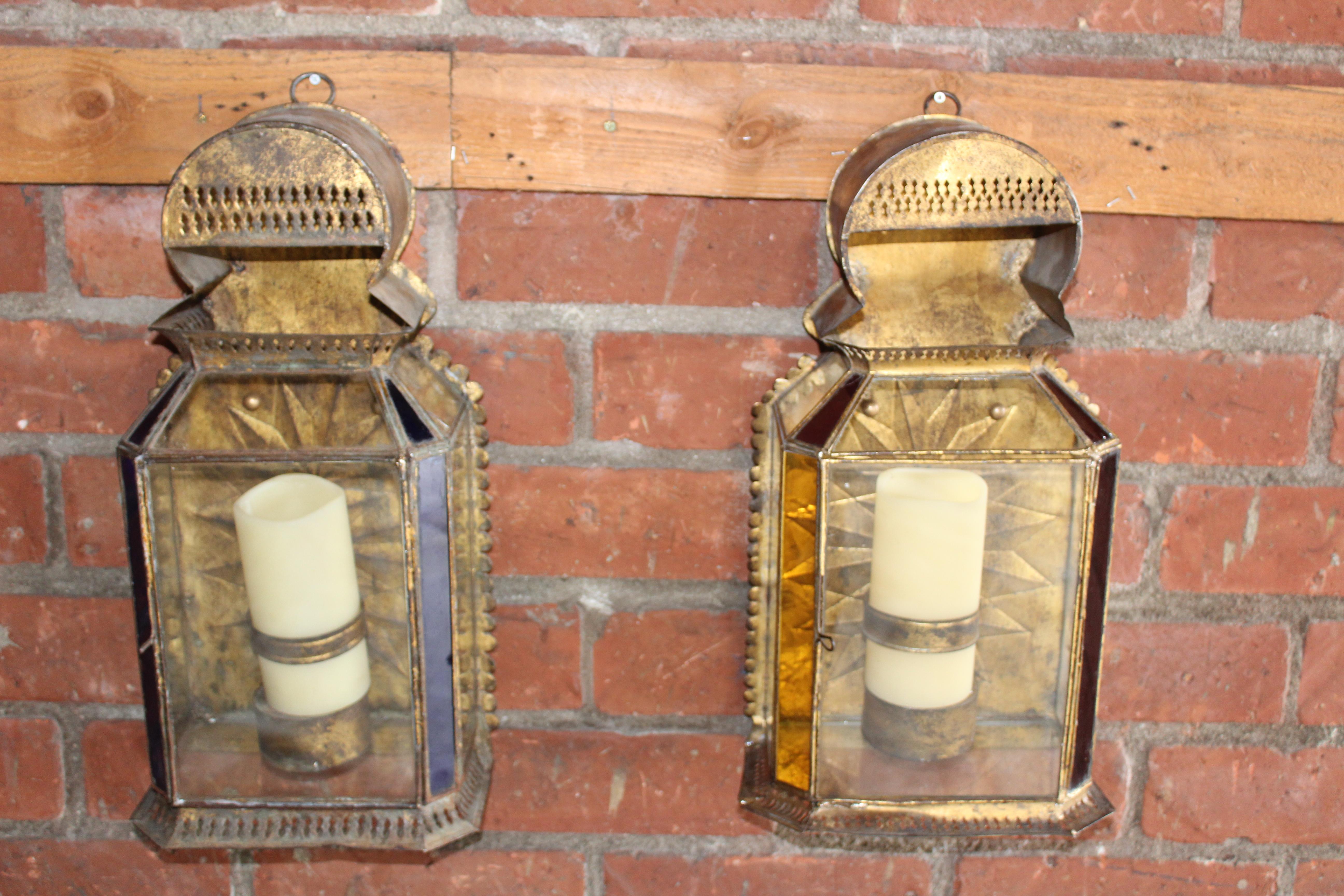 Pair of Antique Gilt Metal and Glass Moroccan Sconces For Sale 3