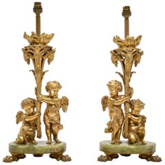 Pair of Antique Gilt Metal and Onyx Table Lamps