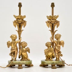 Pair of Antique Gilt Metal and Onyx Table Lamps