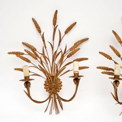 Pair of Antique Gilt Metal Wheat Sheaf Wall Sconce Lamps