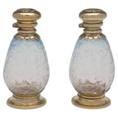 Pair of Antique Gilt Sterling Silver & Etched Glass Perfume Bottles from 1899