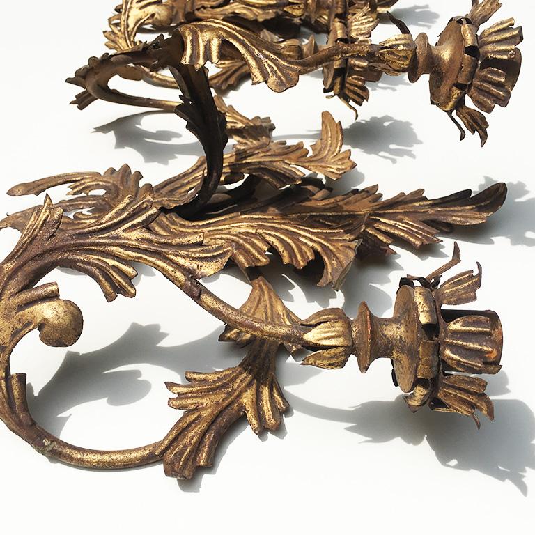 Neoclassical Pair of Antique Gilt Tole Applique 3-Arm Hard Wired Sconces, Italy For Sale