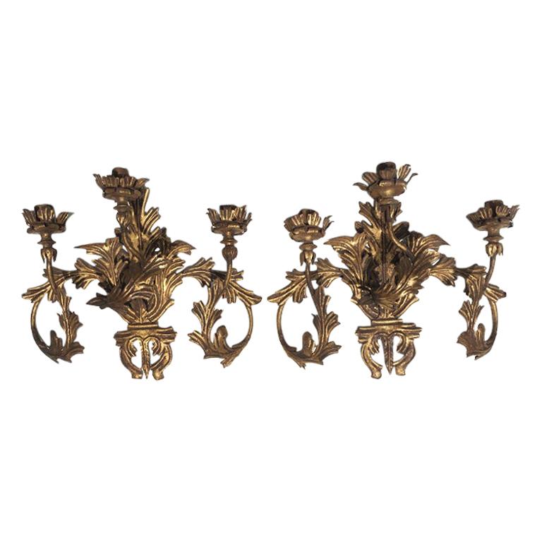 Pair of Antique Gilt Tole Applique 3-Arm Hard Wired Sconces, Italy