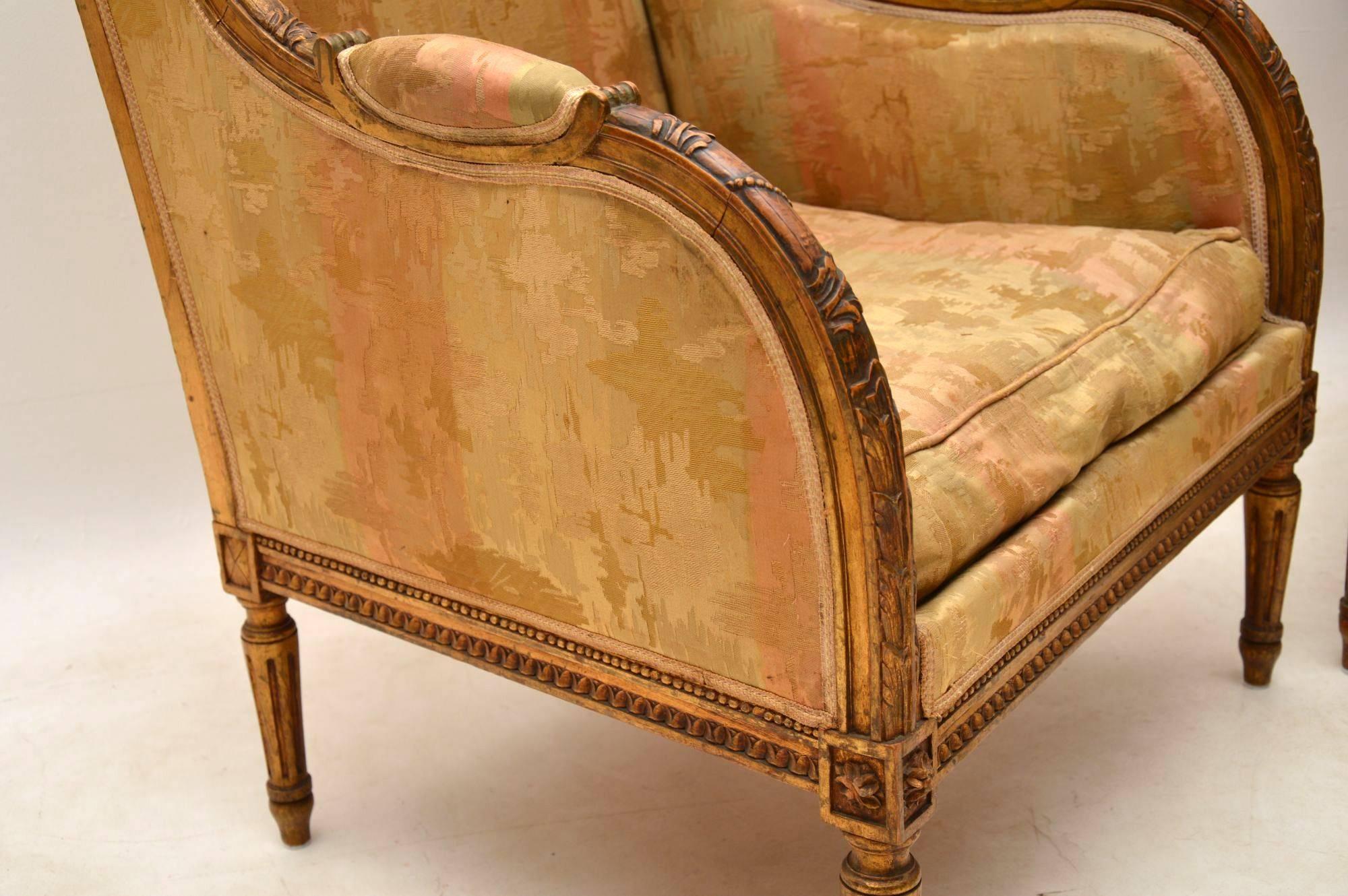 Pair of Antique Giltwood Wing Back Armchairs 1