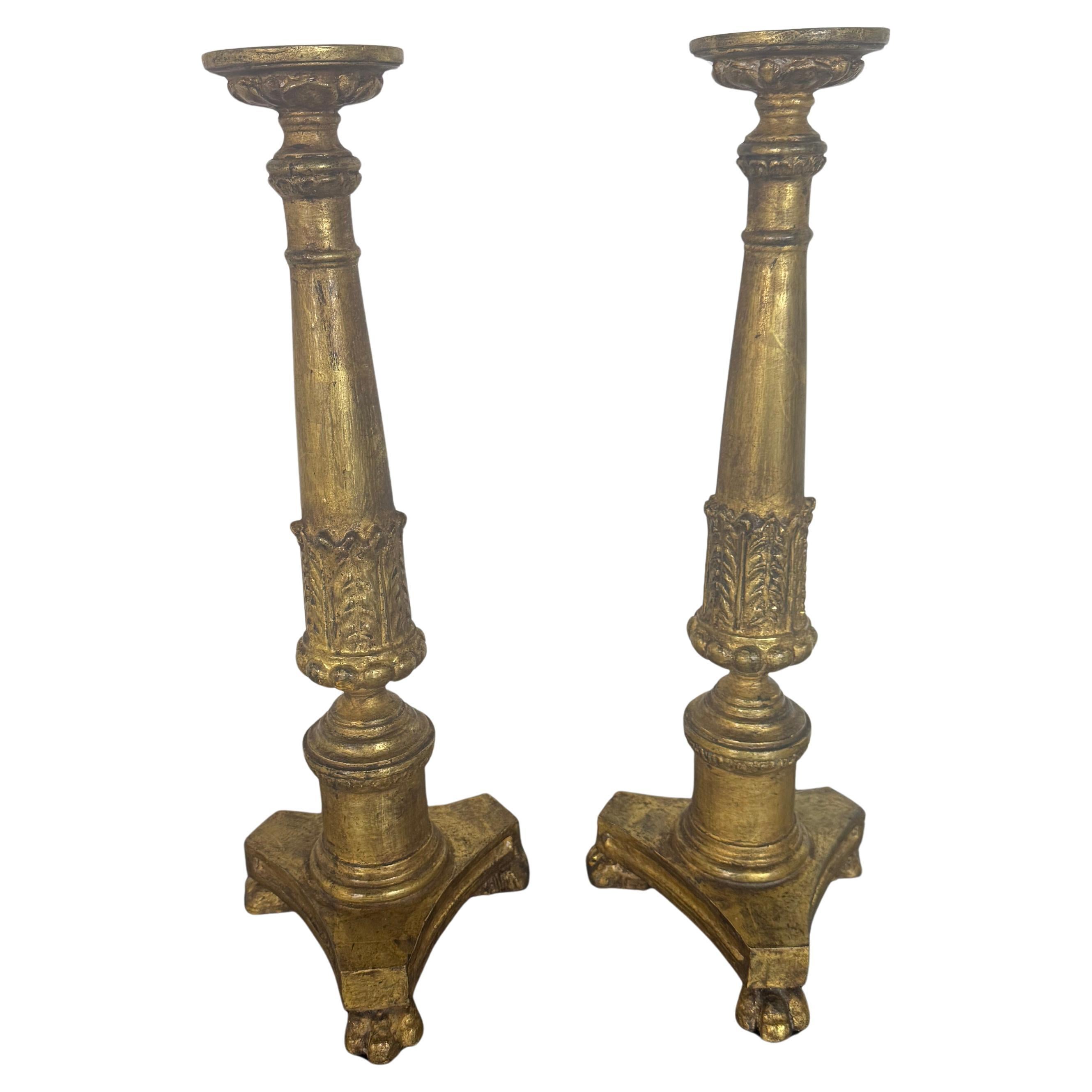 Pair of Antique Giltwood Candlesticks with Paw Feet, Neoclassical Style For Sale