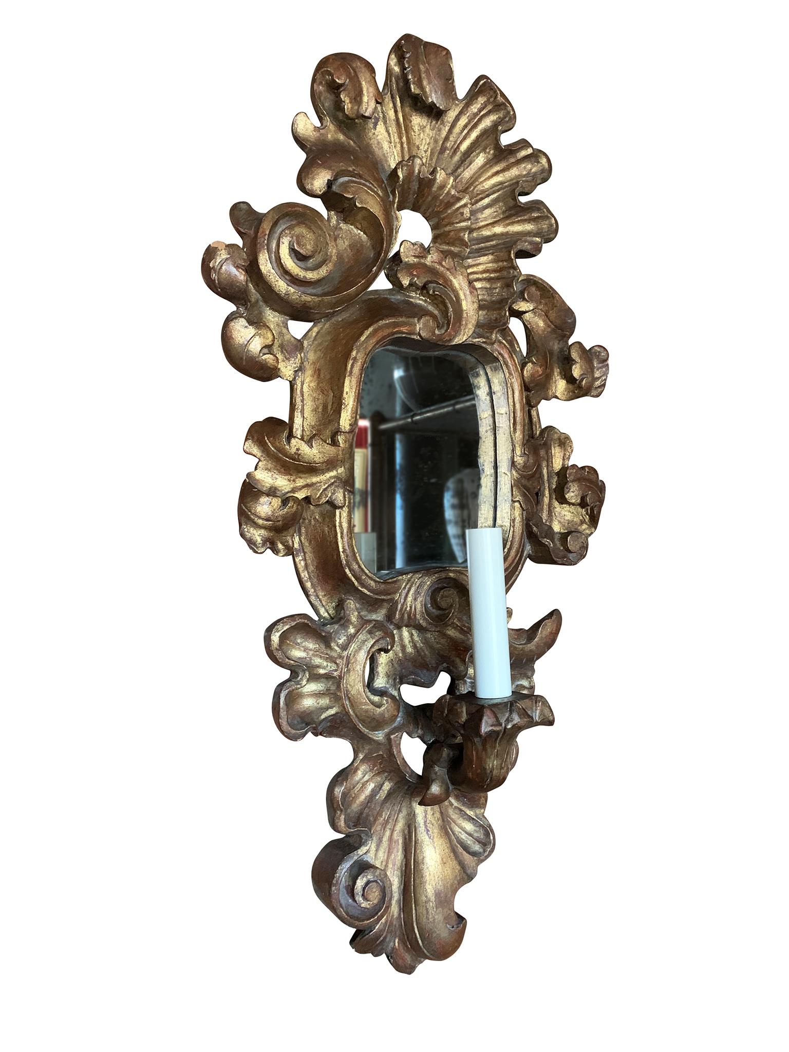 Rococo Pair of Antique Giltwood Mirror Sconces